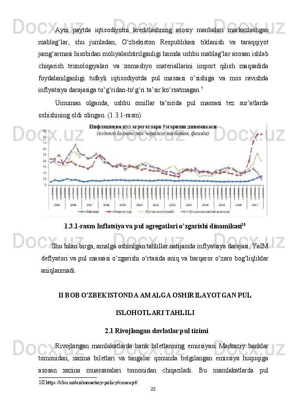 Ayni   paytda   iqtisodiyotni   kreditlashning   asosiy   manbalari   markazlashgan
mablag‘lar,   shu   jumladan,   O‘zbekiston   Respublikasi   tiklanish   va   taraqqiyot
jamg‘armasi hisobidan moliyalashtirilganligi hamda ushbu mablag‘lar asosan ishlab
chiqarish   texnologiyalari   va   xomashyo   materiallarini   import   qilish   maqsadida
foydalanilganligi   tufayli   iqtisodiyotda   pul   massasi   o‘sishiga   va   mos   ravishda
inflyatsiya darajasiga to‘g‘ridan-to‘g‘ri ta’sir ko‘rsatmagan. 5
 
Umuman   olganda,   ushbu   omillar   ta’sirida   pul   massasi   tez   sur’atlarda
oshishining oldi olingan. (1.3.1-rasm) 
1.3.1-rasm Inflatsiya va pul agregatlari o’zgarishi dinamikasi 10
 
 
Shu bilan birga, amalga oshirilgan tahlillar natijasida inflyatsiya darajasi, YaIM
deflyatori va pul massasi o‘zgarishi o‘rtasida aniq va barqaror o‘zaro bog‘liqliklar
aniqlanmadi. 
 
II BOB O'ZBEKISTONDA AMALGA OSHIRILAYOTGAN PUL 
ISLOHOTLARI TAHLILI 
2.1 Rivojlangan davlatlar pul tizimi 
Rivojlangan   mamlakatlarda   bank   biletlarining   emissiyasi   Markaziy   banklar
tomonidan,   xazina   biletlari   va   tangalar   qonunda   belgilangan   emissiya   huquqiga
asosan   xazina   muassasalari   tomonidan   chiqariladi.   Bu   mamlakatlarda   pul
10  https://cbu.uz/uz/monetary-policy/concept/  
  22   