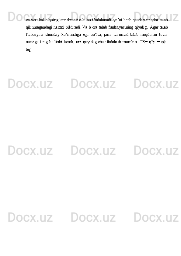 va vertikal o qning kesishmasi a bilan ifodalanadi, ya ni hech qanday miqdor talabʻ ʼ
qilinmagandagi narxni bildiradi. Va b esa talab funksiyasining qiyaligi. Agar talab
funksiyasi   shunday   ko rinishga   ega   bo lsa,   jami   daromad   talab   miqdorini   tovar	
ʻ ʻ
narxiga   teng   bo lishi   kerak,   uni   quyidagicha   ifodalash   mumkin:   TR=   q*p   =   q(a-	
ʻ
bq). 