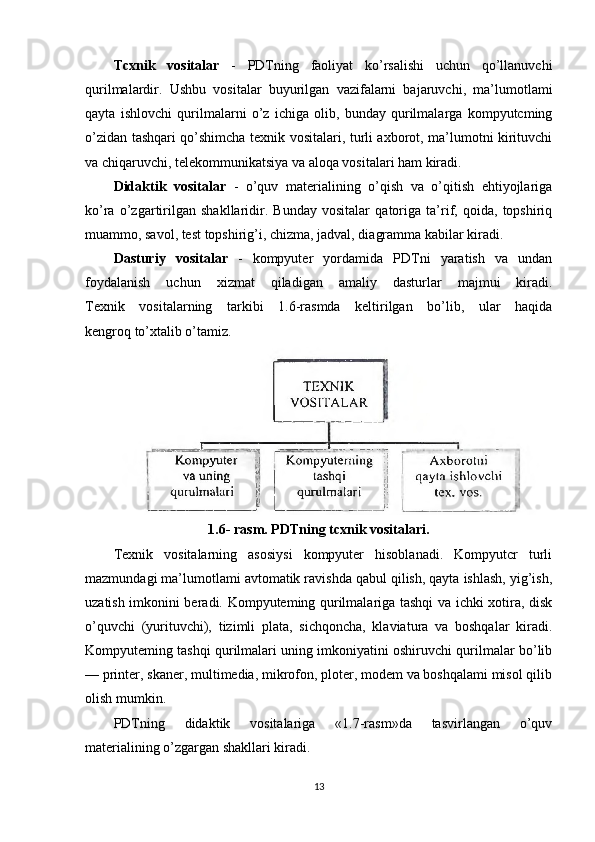 Tcxnik   vositalar   -   PDTning   faoliyat   ko’rsalishi   uchun   qo’llanuvchi
qurilmalardir.   Ushbu   vositalar   buyurilgan   vazifalarni   bajaruvchi,   ma’lumotlami
qayta   ishlovchi   qurilmalarni   o’z   ichiga   olib,   bunday   qurilmalarga   kompyutcming
o’zidan tashqari qo’shimcha texnik vositalari, turli axborot, ma’lumotni kirituvchi
va chiqaruvchi, telekommunikatsiya va aloqa vositalari ham kiradi.
Didaktik   vositalar   -   o’quv   materialining   o’qish   va   o’qitish   ehtiyojlariga
ko’ra   o’zgartirilgan   shakllaridir.   Bunday   vositalar   qatoriga   ta’rif,   qoida,   topshiriq
muammo, savol, test topshirig’i, chizma, jadval, diagramma kabilar kiradi.
Dasturiy   vositalar   -   kompyuter   yordamida   PDTni   yaratish   va   undan
foydalanish   uchun   xizmat   qiladigan   amaliy   dasturlar   majmui   kiradi.
Texnik   vositalarning   tarkibi   1.6-rasmda   keltirilgan   bo’lib,   ular   haqida
kengroq to’xtalib o’tamiz.
1.6- rasm. PDTning tcxnik vositalari.
Texnik   vositalarning   asosiysi   kompyuter   hisoblanadi.   Kompyutcr   turli
mazmundagi ma’lumotlami avtomatik ravishda qabul qilish, qayta ishlash, yig’ish,
uzatish imkonini beradi. Kompyuteming qurilmalariga tashqi va ichki xotira, disk
o’quvchi   (yurituvchi),   tizimli   plata,   sichqoncha,   klaviatura   va   boshqalar   kiradi.
Kompyuteming tashqi qurilmalari uning imkoniyatini oshiruvchi qurilmalar bo’lib
— printer, skaner, multimedia, mikrofon, ploter, modem va boshqalami misol qilib
olish mumkin.
PDTning   didaktik   vositalariga   «1.7-rasm»da   tasvirlangan   o’quv
materialining o’zgargan shakllari kiradi.
13 