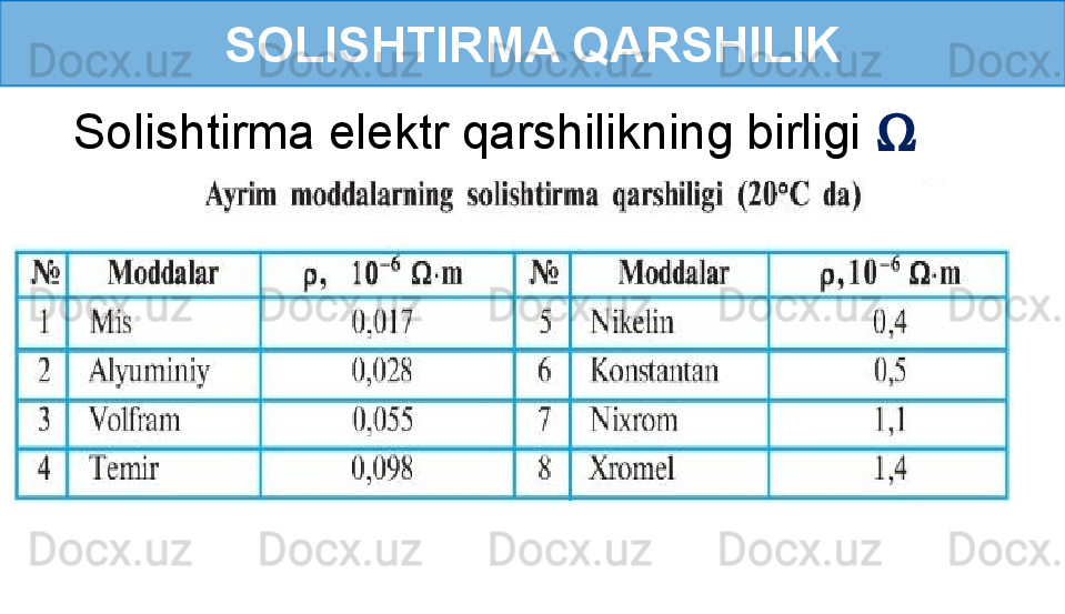 SOLISHTIRMA QARSHILIK
    Solishtirma elektr qarshilikning birligi  Ω   