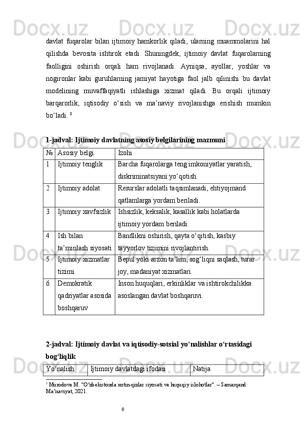 8davlat   fuqarolar   bilan   ijtimoiy   hamkorlik   qiladi,   ularning   muammolarini   hal
qilishda   bevosita   ishtirok   etadi.   Shuningdek,   ijtimoiy   davlat   fuqarolarning
faolligini   oshirish   orqali   ham   rivojlanadi.   Ayniqsa,   ayollar,   yoshlar   va
nogironlar   kabi   guruhlarning   jamiyat   hayotiga   faol   jalb   qilinishi   bu   davlat
modelining   muvaffaqiyatli   ishlashiga   xizmat   qiladi.   Bu   orqali   ijtimoiy
barqarorlik,   iqtisodiy   o‘sish   va   ma’naviy   rivojlanishga   erishish   mumkin
bo‘ladi.  3
1-jadval: Ijtimoiy davlatning asosiy belgilarining mazmuni
№ Asosiy belgi Izohi
1 Ijtimoiy tenglik Barcha fuqarolarga teng imkoniyatlar yaratish, 
diskriminatsiyani yo‘qotish.
2 Ijtimoiy adolat Resurslar adolatli taqsimlanadi, ehtiyojmand 
qatlamlarga yordam beriladi.
3 Ijtimoiy xavfsizlik Ishsizlik, keksalik, kasallik kabi holatlarda 
ijtimoiy yordam beriladi.
4 Ish bilan 
ta’minlash siyosati Bandlikni oshirish, qayta o‘qitish, kasbiy 
tayyorlov tizimini rivojlantirish.
5 Ijtimoiy xizmatlar 
tizimi Bepul yoki arzon ta’lim, sog‘liqni saqlash, turar 
joy, madaniyat xizmatlari.
6 Demokratik 
qadriyatlar asosida
boshqaruv Inson huquqlari, erkinliklar va ishtirokchilikka 
asoslangan davlat boshqaruvi.
2-jadval: Ijtimoiy davlat va iqtisodiy-sotsial yo‘nalishlar o‘rtasidagi 
bog‘liqlik
Yo‘nalish Ijtimoiy davlatdagi ifodasi Natija
3
  Murodova M. "O‘zbekistonda xotin-qizlar siyosati va huquqiy islohotlar". – Samarqand: 
Ma’naviyat, 2021. 