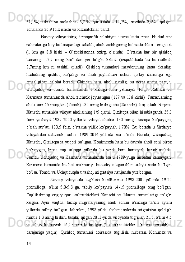 31,1%,  tashish  va   saqlashda-   5,7  %,  qurilishda  –  14,2%,    savdoda-9,4%   ,  qolgan
sohalarda 26,9 foiz ishchi va xizmatchilar band.
                  Navoiy   viloyatining   demografik   salohiyati   uncha   katta   emas.   Hudud   suv
zahiralariga boy bo’lmaganligi sababli, aholi zichligining ko’rsatkichlari - eng past
(1   km   ga   8,8   kishi   –   O’zbekistonda   oxirgi   o’rinda).   O’rtacha   har   bir   qishloq
tumaniga   13,9   ming   km"   dan   yer   to’g’ri   keladi   (respublikada   bu   ko’rsatkich
2,7ming   km   ni   tashkil   qiladi).   Qishloq   tumanlari   maydonining   katta   ekanligi
hududning   qishloq   xo’jaligi   va   aholi   joylashuvi   uchun   qo’lay   sharoitga   ega
emasligidan   dalolat   beradi.   Chindan   ham,   aholi   zichligi   bu   yerda   ancha   past,   u
Uchquduq   va   Tomdi   tumanlarida   1   kishiga   ham   yetmaydi.   Faqat   Xatirchi   va
Karmana  tumanlarida   aholi   zichrok  joylashgan   (127   va  116   kishi). Tumanlarning
aholi soni 15 mingdan (Tomdi) 180 ming kishigacha (Xatirchi) farq qiladi. Birgina
Xatirchi tumanida viloyat aholisining 1/5 qismi, Qiziltepa bilan hisoblaganda 35,2
foizi   yashaydi.1989-2000-yillarda   viloyat   aholisi   130   ming     kishiga   ko’paygan,
o’sish   sur’ati   120,5   foiz,   o’rtacha   yillik   ko’payish   1,70%.   Bu   borada   u   Sirdaryo
viloyatidan   ustunrok,   xolos.   1989-2014-yillarda   esa   o’sish:   Nurota,   Uchquduq,
Xatirchi,  Qiziltepada  yuqori  bo’lgan. Konimexda ham  bu davrda aholi  soni  biroz
ko’paygan,   biroq   eng   so’nggi   yillarda   bu   yerda   ham   kamayish   kuzatilmokda.
Tomdi,  Uchquduq  va Karmana  tumanlarida  esa  u  1989-yilga  nisbatan  kamaygan.
Karmana   tumanida   bu   hol   ma’muriy-   hududiy   o’zgarishlar   tufayli   sodir   bo’lgan
bo’lsa, Tomdi va Uchquduqda u tashqi migratsiya natijasida yuz bergan. 
                    Navoiy   viloyatida   tug’ilish   koeffitsienti   1998-2001-yillarda   19-20
promillega,   o’lim   5,0-5,3   ga,   tabiiy   ko’payish   14-15   promillega   teng   bo’lgan.
Tug’ilishning   eng   yuqori   ko’rsatkichlari   Xatirchi   va   Nurota   tumanlariga   to’g’ri
kelgan.   Ayni   vaqtda,   tashqi   migratsiyaning   aholi   sonini   o’sishiga   ta’siri   ayrim
yillarda   salbiy   bo’lgan.   Masalan,   1998   yilda   shahar   joylarda   migratsiya   qoldig’i
minus 1,3 ming kishini tashkil qilgan.2013-yilda viloyatda tug’ilish 21,5, o’lim 4,6
va   tabiiy   ko’payish   16,9   promille   bo’lgan   (bu   ko’rsatkichlar   o’rtacha   respublika
darajasiga   yaqin).   Qishloq   tumanlari   doirasida   tug’ilish,   nisbatan,   Konimex   va
14