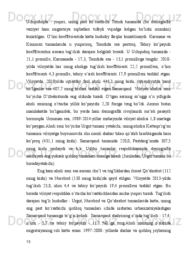 Uchquduqda   -   yuqori,   uning   past   ko’rsatkichi   Tomdi   tumanida   (bu   demografik
vaziyat   ham   migratsiya   oqibatlari   tufayli   vujudga   kelgan   bo’lishi   mumkin)
kuzatilgan.  O’lim  koeffitsientida  katta  hududiy farqlar   kuzatilmaydi:  Karmana  va
Konimex   tumanlarida   u   yuqoriroq,   Tomdida   esa   pastroq.   Tabiiy   ko’payish
koeffitsientini   asosan   tug’ilish   darajasi   belgilab   beradi.   U   Uchquduq   tumanida   -
21,1   promille,   Karmanada   -   17,3,   Tomdida   esa   -   13,1   promillega   tengdir.   2018-
yilda   viloyatda   har   ming   aholiga   tug’ilish   koeffitsienti   22,2   promilleni,   o’lim
koeffitsienti   4,3   promille,   tabiiy   o’sish   koeffitsienti   17,9   promilleni   tashkil   etgan.
Viloyatda,   2018yilda   iqtisodiy   faol   aholi   446,3   ming   kishi,   iqtisodiyotda   band
bo’lganlar   esa   407,7   ming   kishini   tashkil   etgan.Samarqand    Viloyati   aholisi   soni
bo’yicha   O’zbekistonda   eng   oldinda   turadi.   O’tgan   asrning   so’nggi   o’n   yilligida
aholi   sonining   o’rtacha   yillik   ko’payishi   2,20   foizga   teng   bo’ldi.   Ammo   butun
mamlakatda   bo’lganidek,   bu   yerda   ham   demografik   rivojlanish   sur’ati   pasayib
bormoqda. Umuman esa, 1989-2014-yillar mobaynida viloyat aholisi  1,8 martaga
ko’paygan.Aholi soni bo’yicha Urgut tumani yetakchi, uning aholisi Kattaqo’rg’on
tumanini viloyatga buysunuvchi shu nomli shahar bilan qo’shib hisoblaganda ham
ko’proq   (431,1   ming   kishi).   Samarqand   tumanida   220,0,   Pastdarg’omda   307,5
ming   kishi   yashaydi   va   h.k.   Ushbu   tumanlar   respublikamizda   demografik
salohiyati eng yuksak qishloq tumanlari sirasiga kiradi (Jumladan, Urgut tumani bu
boradayetakchi). 
         Eng kam aholi soni esa asosan cho’l va tog’liklardan iborat Qo’shrabot (112
ming   kishi)   va   Nurobod   (130   ming   kishi)da   qayd   etilgan.   Viloyatda   2013-yilda
tug’ilish   23,8,   ulim   4,4   va   tabiiy   ko’payish   19,4   promilleni   tashkil   etgan.   Bu
borada viloyat respublika o’rtacha ko’rsatkichlaridan ancha yuqori turadi. Tug’ilish
darajasi  tog’li  hududlar  - Urgut, Nurobod va Qo’shrabot  tumanlarida katta, uning
eng   past   ko’rsatkichi   qishloq   tumanlari   ichida   nisbatan   urbanizatsiyalashgan
Samarqand tumaniga to’g’ri keladi.  Samarqand shahrining o’zida tug’ilish - 17,4;
o’lim   -   5,7   va   tabiiy   ko’payish   -   11,7   %0   ga   teng.Aholi   sonining   o’sishida
migratsiyaning   roli   katta   emas.   1997-2000-   yillarda   shahar   va   qishloq   joylarning
15