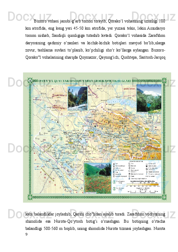 Buxoro vohasi janubi-g‘arb tomon torayib, Qorako‘l vohasining uzunligi 100
km   atrofida,   eng   keng   yeri   45-50   km   atrofida,   yer   yuzasi   tekis,   lekin  Amudaryo
tomon   nishab,   Sandiqli   qumligiga   tutashib   ketadi.   Qorako‘l   vohasida   Zarafshon
daryosining   qadimiy   o‘zanlari   va   kichik-kichik   botiqlari   mavjud   bo‘lib,ularga
zovur,   tashlama   suvlari   to‘planib,   ko‘pchiligi   sho‘r   ko‘llarga   aylangan.   Buxoro-
Qorako l vohalarining sharqda Quymazor, Qaynog‘ich, Qushtepa, Saritosh-Jarqoq‟
kabi balandliklar joylashib, Qarshi cho lidan ajralib turadi. Zarafshon vodiysining	
‟
shimolida   esa   Nurota-Qo‘ytosh   botig‘i   o‘rnashgan.   Bu   botiqning   o‘rtacha
balandligi   500-560  m   boplib,  uning   shimolida  Nurota   tizmasi   joylashgan.   Nurota
9