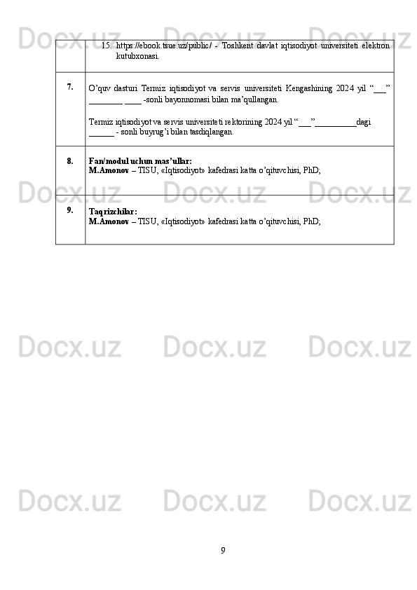 15. https://ebook.tsue.uz/public/   -   Toshkent   davlat   iqtisodiyot   universiteti   elektron
kutubxonasi.
7.
O’quv   dasturi   Termiz   iqtisodiyot   va   servis   universiteti   Kengashining   202 4   yil   “___”
________  ____ -sonli bayonnomasi bilan ma’qullangan.
Termiz iqtisodiyot va servis universiteti rektorining 202 4  yil “___”__________dagi 
______ - sonli buyrug’i bilan tasdiqlangan.
8. Fan/modul uchun mas’ullar:
M.Amonov –  TISU, «Iqtisodiyot» kafedrasi katta o’qituvchisi, PhD;
9.
Taqrizchilar:
M.Amonov –  TISU, «Iqtisodiyot» kafedrasi katta o’qituvchisi, PhD;
9 