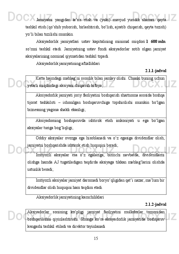 Jamiyatni   yangidan   ta’sis   etish   va   (yoki)   mavjud   yuridik   shaxsni   qayta
tashkil etish (qo‘shib yuborish, birlashtirish, bo‘lish, ajratib chiqarish, qayta tuzish)
yo‘li bilan tuzilishi mumkin.
Aksiyadorlik   jamiyatlari   ustav   kapitalining   minimal   miqdori   1   600   mln .
so‘mni   tashkil   etadi.   Jamiyatning   ustav   fondi   aksiyadorlar   sotib   olgan   jamiyat
aksiyalarining nominal qiymatidan tashkil topadi.
Aksiyadorlik jamiyatining afzalliklari
2.1.1-jadval
Katta hajmdagi mablag‘ni osonlik bilan jamlay olishi. Chunki buning uchun
yetarli miqdordagi aksiyani chiqarish kifoya;
Aksiyadorlik   jamiyati   joriy   faoliyatini   boshqarish   shartnoma   asosida   boshqa
tijorat   tashkiloti   –   ishonilgan   boshqaruvchiga   topshirilishi   mumkin   bo ‘ lgan
biznesning   yagona   shakli   ekanligi ;
Aksiyadorning   boshqaruvda   ishtirok   etish   imkoniyati   u   ega   bo‘lgan
aksiyalar turiga bog‘liqligi;
Oddiy   aksiyalar   ovozga   ega   hisoblanadi   va   o‘z   egasiga   dividendlar   olish,
jamiyatni boshqarishda ishtirok etish huquqini beradi;
Imtiyozli   aksiyalar   esa   o‘z   egalariga,   birinchi   navbatda,   dividendlarni
olishga   hamda   AJ   tugatiladigan   taqdirda   aksiyaga   tikkan   mablag‘larini   olishda
ustunlik beradi;
Imtiyozli aksiyalar jamiyat daromadi boryo‘qligidan qat’i nazar, ma’lum bir
dividendlar olish huquqini ham taqdim etadi.
Aksiyadorlik jamiyatining kamchiliklari
2.1.2-jadval
Aksiyadorlar   sonining   ko‘pligi   jamiyat   faoliyatini   mulkdorlar   tomonidan
boshqarilishni   qiyinlashtirishi.   Shunga   ko‘ra   aksiyadorlik   jamiyatida   boshqaruv
kengashi tashkil etiladi va direktor tayinlanadi
15 