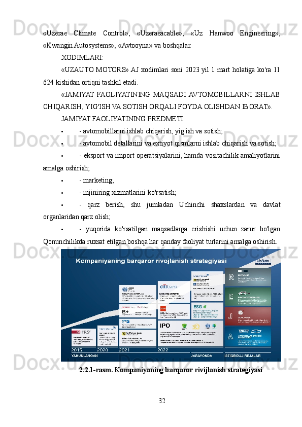 «Uzerae   Climate   Control»,   «Uzeraeacable»,   «Uz   Hanwoo   Engineering»,
«Kwangin Autosystems», «Avtooyna» va boshqalar.
XODIMLARI:
«UZAUTO MOTORS» AJ xodimlari soni 2023 yil 1 mart holatiga ko'ra 11
624 kishidan ortiqni tashkil etadi.
«JAMIYAT   FAOLIYATINING   MAQSADI  AVTOMOBILLARNI   ISHLAB
CHIQARISH, YIG'ISH VA SOTISH ORQALI FOYDA OLISHDAN IBORAT». 
JAMIYAT FAOLIYATINING PREDMETI:
 - avtomobillarni ishlab chiqarish, yig'ish va sotish;
 - avtomobil detallarini va extiyot qismlarni ishlab chiqarish va sotish;
 - eksport va import operatsiyalarini, hamda vositachilik amaliyotlarini
amalga oshirish;
 - marketing;
 - injiniring xizmatlarini ko'rsatish;
 -   qarz   berish,   shu   jumladan   Uchinchi   shaxslardan   va   davlat
organlaridan qarz olish;
 -   yuqorida   ko'rsatilgan   maqsadlarga   erishishi   uchun   zarur   bo'lgan
Qonunchilikda ruxsat etilgan boshqa har qanday faoliyat turlarini amalga oshirish.
2.2.1-rasm. Kompaniyaning barqaror rivijlanish strategiyasi 
32 