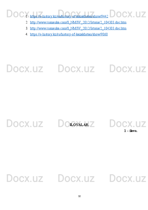 1. https://e-history.kz/en/history-of-kazakhstan/show/9442   
2. http://www.rusnauka.com/8_NMIW_2012/Istoria/2_104303.doc.htm   
3. http://www.rusnauka.com/8_NMIW_2012/Istoria/2_104303.doc.htm   
4. https://e-history.kz/ru/history-of-kazakhstan/show/9060   
ILOVALAR.
1 – ilova.
32 