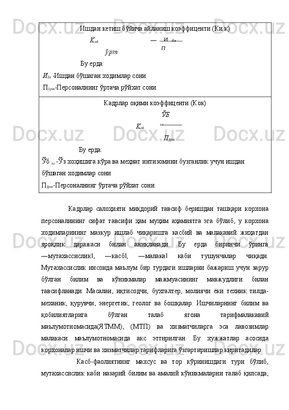 Ишдан кетиш бўйича айланиш коэффиценти (Ки.к) 
K
иk  
ўрт
                       Бу ерда: 
И
бх  -Ишдан бўшаган ходимлар сони 
 П
ўрт -Персоналнинг ўртача рўйхат сони 
Кадрлар оқими коэффиценти (Кок) 
ЎБ
   K
оk хс
                
П
ўрт
                      Бу ерда: 
Ўб 
хс  -Ўз хоҳишига кўра ва меҳнат интизомини бузганлик учун ишдан 
бўшаган ходимлар сони 
П
ўрт -Персоналнинг ўртача рўйхат сони 
 
          Кадрлар   салоҳияти   миқдорий   тавсиф   беришдан   ташқари   корхона
персоналининг   сифат   тавсифи   ҳам   муҳим   аҳамиятга   эга   бўлиб,   у   корхона
ходимларининг   мазкур   ишлаб   чиқаришга   касбий   ва   малакавий   жиҳатдан
яроқлик   даражаси   билан   аниқланади.   Бу   ерда   биринчи   ўринга
―мутахассислик ,   ―касб ,   ―малака   каби   тушунчалар   чиқади.‖ ‖ ‖
Мутахассислик   инсонда   маълум   бир   турдаги   ишларни   бажариш   учун   зарур
бўлган   билим   ва   кўникмалар   мажмуасининг   мавжудлиги   билан
тавсифланади.   Масалан,   иқтисодчи,   бухгалтер,   молиячи   ёки   техник   тилда-
механик,   қурувчи,   энергетик,   геолог   ва   бошқалар.   Ишчиларнинг   билим   ва
қобилиятларига   бўлган   талаб   ягона   тарифмалакавий
маълумотномасида(ЯТММ),   (МТП)   ва   хизматчиларга   эса   лавозимлар
малакаси   маълумотномасида   акс   эттирилган.   Бу   хужжатлар   асосида
корхоналар ишчи ва хизматчилар тарифларига ўзгартиришлар киритадилар. 
          Касб-фаолиятнинг   махсус   ва   тор   кўринишдаги   тури   бўлиб,
мутахассислик   каби   назарий   билим   ва   амалий   кўникмаларни   талаб   қилсада, бх
П И 