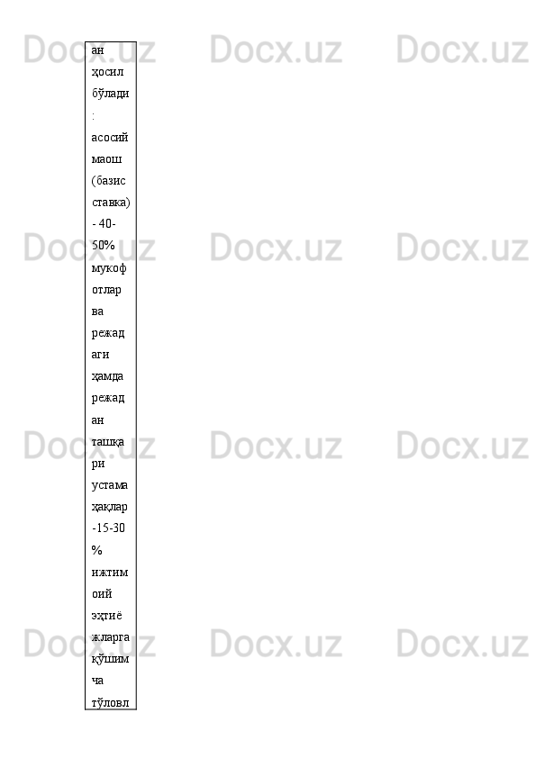 ан 
ҳосил 
бўлади
: 
асосий 
маош 
(базис 
ставка)
- 40-
50% 
мукоф
отлар
ва
режад
аги
ҳамда
режад
ан
ташқа
ри
устама
ҳақлар
-15-30
%
ижтим
оий
эҳтиё
жларга
қўшим
ча 
тўловл 