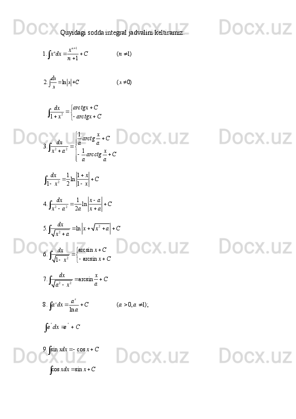 Quyidagi sodda integral jadvalini keltiramiz:
1
1. ( 1)
1n
n x
x dx C n
n 
  
 2. ln	 	( 0)	dx	x C x	x	  	
   2
1 arctgx C
dx
arctgx C
x 



 


2 2 1
3.
1 x
arctg C
dx
a a
x
x a
arcctg C
a a







 


	
2	
1 1ln	1 2 1
dx x	C	x x	
	 	 		
2 2	
1	4. ln	2	
dx x a	C	x a a x a	
	 	 		
2	
2	5. ln	dx	x x a C	
x a	
   	
	
2 arcsin
6.
arcsin
1 x C
dx
x C
x 



 


	
2 2	7. arcsin	dx x	C	a	a x	
 	
	
8. ( 0, 1);	ln	
x	x	a	a dx C a a	a	   	
x xe dx e C	 	
9. sin cos	xdx x C	 	
 
   
cos sin	xdx x C	 	 
