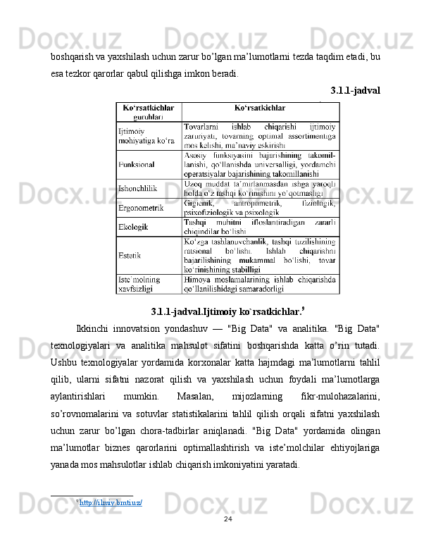 boshqarish va yaxshilash uchun zarur bo’lgan ma’lumotlarni tezda taqdim etadi, bu
esa tezkor qarorlar qabul qilishga imkon beradi.
3.1.1-jadval
3.1.1-jadval.Ijtimoiy ko`rsatkichlar. 9
Ikkinchi   innovatsion   yondashuv   —   "Big   Data"   va   analitika.   "Big   Data"
texnologiyalari   va   analitika   mahsulot   sifatini   boshqarishda   katta   o’rin   tutadi.
Ushbu   texnologiyalar   yordamida   korxonalar   katta   hajmdagi   ma’lumotlarni   tahlil
qilib,   ularni   sifatni   nazorat   qilish   va   yaxshilash   uchun   foydali   ma’lumotlarga
aylantirishlari   mumkin.   Masalan,   mijozlarning   fikr-mulohazalarini,
so’rovnomalarini   va   sotuvlar   statistikalarini   tahlil   qilish   orqali   sifatni   yaxshilash
uchun   zarur   bo’lgan   chora-tadbirlar   aniqlanadi.   "Big   Data"   yordamida   olingan
ma’lumotlar   biznes   qarorlarini   optimallashtirish   va   iste’molchilar   ehtiyojlariga
yanada mos mahsulotlar ishlab chiqarish imkoniyatini yaratadi.
9
  http://ilmiy.bmti.uz/  
24 