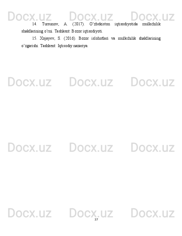 14.   Tursunov,   A.   (2017).   O’zbekiston   iqtisodiyotida   mulkchilik
shakllarining o’rni. Tashkent: Bozor iqtisodiyoti.
15.   Xojayev,   S.   (2016).   Bozor   islohotlari   va   mulkchilik   shakllarining
o’zgarishi. Tashkent: Iqtisodiy nazariya.
37 