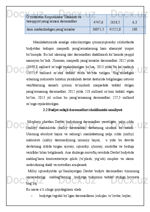 O’zbekiston Respublikasi Tiklanish va 
taraqqiyot jamg’armasi daromadlari 
4747,6  2618,5  6,3 
Jami markazlashgan jamg’armalar  36071,5  41522,8  100 
 
Mamlakatimizda   amalga   oshirilayotgan   ijtimoiyiqtisodiy   islohotlarda
budjetdan   tashqari   maqsadli   jamg’armalarning   ham   ahamiyat   yuqori
bo’lmoqda.   Bu hol ularning ular daromadlari shakllanish ko’lamida yaqqol
namoyon bo’ladi. Xususan, maqsadli jamg’armalar daromadlari 2012 yilda
10499,8   milliard   so’mga   rejalashtirilgan   bo’lsa,   2013   yilda   bu   ko’rsatkich
13571,9   milliard   so’mni   tashkil   etishi   ko’zda   tutilgan.   Sug’oriladigan
erlarning meliorativ holatini yaxshilash davlat dasturida belgilangan ustuvor
vazifalarning   samarli   ijrosini   ta’minlash   maqsadida   tashkil   etilgan
jamg’armaning   daromadlari   2012   yilda   210   milliard   so’mni   tashkil   etgan
bo’lsa,   2013   yil   uchun   bu   jamg’armaning   daromadlari   227,5   milliard
so’mga rejalashtirilgan. 
2.2 Budjet soliqli daromadlari shakllanishi amaliyoti
 
  Miqdoriy   jihatdan   Davlat   budjetining   daromadlari   yaratilgan     yalpi   ichki
(milliy)   mahsulotda   (milliy   daromadda)   davlatning   ulushini   ko’rsatadi.
Ularning   absolyut   hajmi   va   salmog’i   mamlakatning   yalpi   ichki   (milliy)
mahsuloti   (milliy   daromadi)ning   umumiy   hajmi,     u   yoki   bu   davrda
davlatning   oldida   turgan   siyosiy,   iqtisodiy,   ijtimoiy,   mudofaa   va   boshqa
vazifalar bilan belgilanadi. Ana shularga muvofiq ravishda Davlat budjetida
mablag’larni   kontsentratsiya   qilish   (to’plash,   yig’ish)   miqdori   va   ularni
undirishning shakl va metodlari aniqlanadi. 
  Milliy   iqtisodiyotda   qo’llanilayotgan   Davlat   budjeti   daromadlari   tizimining
samaradorligi     mablag’larning     budjetga   tushumini   tashkil   etishga   bevosita
bog’liq. 
Bu narsa o’z ichiga quyidagilarni oladi: 
– budjetga tegishli bo’lgan daromadlarni (soliqlar, to’lovlar, bojlar;  
  