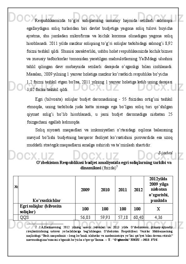 Respublikamizda   to’g’ri   soliqlarning   umumiy   hajmida   sezilarli   salmoqni
egallaydigan   soliq   turlaridan   biri   davlat   budjetiga   yagona   soliq   tulovi   buyicha
ajratma,   shu   jumladan   mikrofirma   va   kichik   korxona   olinadigan   yagona   soliq
hisoblanadi. 2011 yilda mazkur soliqning to’g’ri soliqlar tarkibidagi salmog’i 8,92
foizni tashkil qildi. Shunisi xarakterliki, ushbu holat respublikamizda kichik biznes
va   xususiy   tadbirkorlar   tomonidan   yaratilgan   mahsulotlarning   YaIMdagi   ulushini
tahlil   qilingan   davr   mobaynida   sezilarli   darajada   o’sganligi   bilan   izohlanadi.
Masalan, 2009 yilning 1 yanvar holatiga mazkur ko’rsatkich respublika bo’yicha 
1,2 foizni tashkil etgan bo’lsa, 2011 yilning 1 yanvar holatiga kelib uning darajasi
1,62 foizni tashkil qildi. 
Egri   (bilvosita)   soliqlar   budjet   daromadining   -   55   foizidan   ortig’ini   tashkil
etmoqda,   uning   tarkibida   juda   katta   xissaga   ega   bo’lgan   soliq   turi   qo’shilgan
qiymat   solig’i   bo’lib   hisoblanadi,   u   jami   budjet   daromadiga   nisbatan   25
foizgachani egallab kelmoqda. 
Soliq   siyosati   maqsadlari   va   imkoniyatlari   o’rtasidagi   oqilona   balansning
mavjud   bo’lishi   budjetning   barqaror   faoliyat   ko’rsatishini   pirovardida   esa   uzoq
muddatli strategik maqsadlarni amalga oshirish va ta’minlash shartidir.
        8-jadval 
O’zbekiston Respublikasi budjet amaliyotida egri soliqlarning tarkibi va 
dinamikasi  (foizda) 7
 
 
№
 
Ko’rsatkichlar  2009  2010  2011  2012 2012yilda 
2009 yilga
nisbatan  
o’zgarishi,
punktda 
  Egri soliqlar (bilvosita 
soliqlar)  100  100  100  100  X 
  QQS  56,03  59,93  57,18  60,40 4,36 
7   I.A.Karimovning   2012   yilning   asosiy   yakunlari   va   2013   yilda   O’zbekistonni   ijtimoiy-iqtisodiy
rivojlantirishning   ustuvor   yo’nalishlariga   bag’ishlangan   O’zbekiston   Respublikasi   Vazirlar   Mahkamasining
majlisidagi  “Bosh  maqsadimiz  –  keng   ko’lamli  islohotlar  va  modernizatsiya  yo’lini   qat’iyat  bilan  davom  ettirish”
mavzusidagi ma’ruzasini o’rganish bo’yicha o’quv qo’llanma.  – T.: “O’qituvchi” NMIU. – 2013. 372 б .
