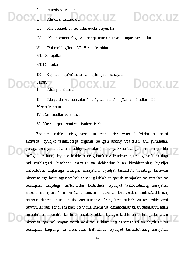 I. Asosiy vositalar.  
II. Material zaxiralari. 
III. Kam baholi va tez cskiruvchi buyumlar. 
IV. Ishlab chiqarishga va boshqa maqsadlarga qilingan xarajatlar.  
V. Pul mablag’lari.  VI. Hisob-kitoblar.  
VII. Xarajatlar.  
VIII.Zararlar. 
IX.   Kapital   qo’yilmalarga   qilingan   xarajatlar.
Passiv:  
I. Moliyalashtirish.  
II. Maqsadli   yo’nalishlar   b   o   ‘yicha   m   ablag’lar   va   fondlar.   III.
Hisob-kitoblar.  
IV. Daromadlar va sotish.  
V. Kapital qurilishni moliyalashtirish.  
Byudjet   tashkilotining   xarajatlar   smetalarini   ijrosi   bo’yicha   balansini
aktivida:   byudjet   tashkilotiga   tegishli   bo’lgan   asosiy   vositalar,   shu   jumladan,
ijaraga berilganlari ham; moddiy zaxiralar (omborga kelib tushganlari ham, yo’lda
bo’lganlari ham); byudjet tashkilotining bankdagi hisobvaraqlaridagi va kassadagi
pul   mablagiari;   hisobdor   shaxslar   va   debitorlar   bilan   hisobkitoblar;   byudjet
tashkilotini   saqlashga   qilingan   xarajatlar;   byudjet   tashkiloti   tarkibiga   kiruvchi
nizomga ega boim agan xo’jaliklam ing ishlab chiqarish xarajatlari va zararlari va
boshqalar   haqidagi   ma’lumotlar   keltiriladi.   Byudjet   tashkilotining   xarajatlar
smetalarini   ijrosi   b   o   ‘yicha   balansini   passivida:   byudjetdan   moliyalashtirish;
maxsus   darom   adlar;   asosiy   vositalardagi   fond;   kam   baholi   va   tez   eskiruvchi
buyum lardagi fond; ish haqi bo’yicha ishchi va xizmatchilar bilan tugallanm agan
hisobkitoblar; krcditorlar bilan hisob-kitoblar; byudjet tashkiloti tarkibiga kiruvchi
nizomga   ega   bo’lmagan   yordamchi   xo’jaliklam   ing   daromadlari   va   foydalari   va
boshqalar   haqidagi   m   a’lumotlar   keltiriladi.   Byudjet   tashkilotining   xarajatlar
21  
  