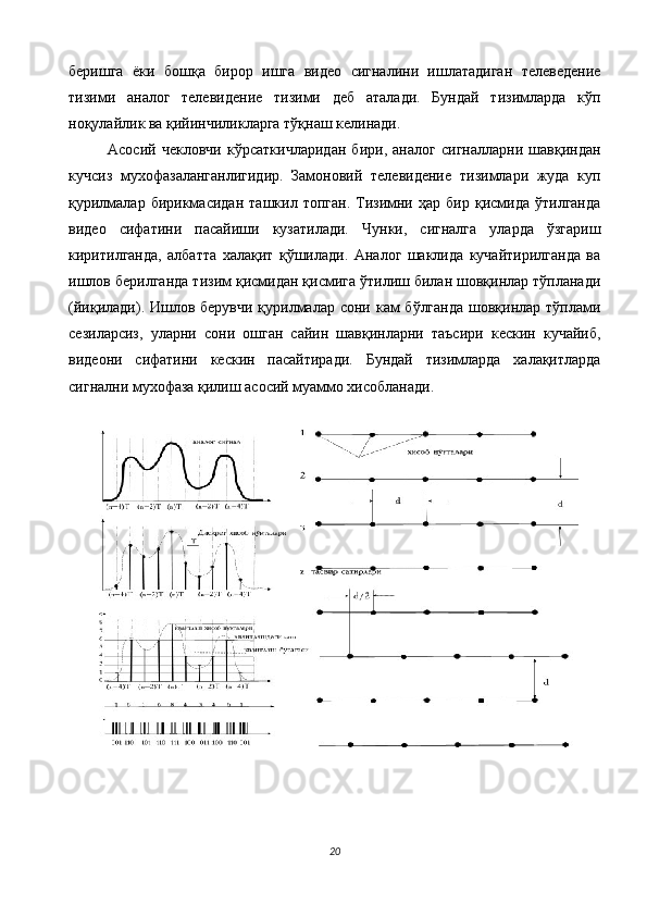 беришга   ёки   бошқа   бирор   ишга   видео   сигналини   ишлатадиган   телеведение
тизими   аналог   телевидение   тизими   деб   аталади.   Бундай   тизимларда   кўп
ноқулайлик ва қийинчиликларга тўқнаш келинади. 
Асосий   чекловчи   кўрсаткичларидан   бири,   аналог   сигналларни   шавқиндан
кучсиз   мухофазаланганлигидир.   Замоновий   телевидение   тизимлари   жуда   куп
қурилмалар   бирикмасидан   ташкил   топган.   Тизимни   ҳар  бир   қисмида  ўтилганда
видео   сифатини   пасайиши   кузатилади.   Чунки,   сигналга   уларда   ўзгариш
киритилганда,   албатта   халақит   қўшилади.   Аналог   шаклида   кучайтирилганда   ва
ишлов берилганда тизим қисмидан қисмига ўтилиш билан шовқинлар тўпланади
(йиқилади). Ишлов берувчи қурилмалар сони кам  бўлганда шовқинлар тўплами
сезиларсиз,   уларни   сони   ошган   сайин   шавқинларни   таъсири   кескин   кучайиб,
видеони   сифатини   кескин   пасайтиради.   Бундай   тизимларда   халақитларда
сигнални мухофаза қилиш асосий муаммо хисобланади. 
 
   
20  
  