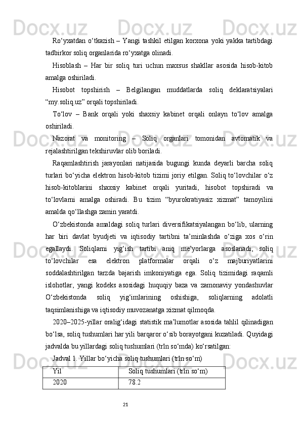 21Ro‘yxatdan  o‘tkazish  –  Yangi  tashkil  etilgan  korxona yoki   yakka tartibdagi
tadbirkor soliq organlarida ro‘yxatga olinadi.
Hisoblash   –   Har   bir   soliq   turi   uchun   maxsus   shakllar   asosida   hisob-kitob
amalga oshiriladi.
Hisobot   topshirish   –   Belgilangan   muddatlarda   soliq   deklaratsiyalari
“my.soliq.uz” orqali topshiriladi.
To‘lov   –   Bank   orqali   yoki   shaxsiy   kabinet   orqali   onlayn   to‘lov   amalga
oshiriladi.
Nazorat   va   monitoring   –   Soliq   organlari   tomonidan   avtomatik   va
rejalashtirilgan tekshiruvlar olib boriladi.
Raqamlashtirish   jarayonlari   natijasida   bugungi   kunda   deyarli   barcha   soliq
turlari bo‘yicha elektron hisob-kitob tizimi  joriy etilgan. Soliq to‘lovchilar  o‘z
hisob-kitoblarini   shaxsiy   kabinet   orqali   yuritadi,   hisobot   topshiradi   va
to‘lovlarni   amalga   oshiradi.   Bu   tizim   “byurokratiyasiz   xizmat”   tamoyilini
amalda qo‘llashga zamin yaratdi.
O‘zbekistonda   amaldagi   soliq   turlari   diversifikatsiyalangan   bo‘lib,   ularning
har   biri   davlat   byudjeti   va   iqtisodiy   tartibni   ta’minlashda   o‘ziga   xos   o‘rin
egallaydi.   Soliqlarni   yig‘ish   tartibi   aniq   me’yorlarga   asoslanadi,   soliq
to‘lovchilar   esa   elektron   platformalar   orqali   o‘z   majburiyatlarini
soddalashtirilgan   tarzda   bajarish   imkoniyatiga   ega.   Soliq   tizimidagi   raqamli
islohotlar,   yangi   kodeks   asosidagi   huquqiy   baza   va   zamonaviy   yondashuvlar
O‘zbekistonda   soliq   yig‘imlarining   oshishiga,   soliqlarning   adolatli
taqsimlanishiga va iqtisodiy muvozanatga xizmat qilmoqda.
2020–2025-yillar oralig‘idagi statistik ma’lumotlar asosida tahlil qilinadigan
bo‘lsa, soliq tushumlari har yili barqaror o‘sib borayotgani kuzatiladi. Quyidagi
jadvalda bu yillardagi soliq tushumlari (trln so‘mda) ko‘rsatilgan:
Jadval 1. Yillar bo‘yicha soliq tushumlari (trln so‘m)
Yil Soliq tushumlari (trln so‘m)
2020 78.2 