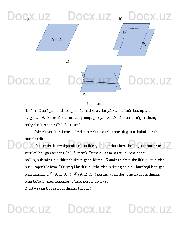 2.1.2-rasm.
3) r *
= r=2 bo‘lgan holda tenglamalar sistemasi birgalikda bo‘ladi, boshqacha 
aytganda, P
1 , P
2  tekisliklar umumiy nuqtaga ega, demak, ular biror to‘g’ri chiziq 
bo‘yicha kesishadi (2.1.2-c rasm )
Metrik xarakterli masalalardan biri ikki tekislik orasidagi burchakni topish 
masalasidir.
Ikki tekislik kesishganda to‘rtta ikki yoqli burchak hosil bo‘lib, ulardan o‘zaro 
vertikal bo‘lganlari teng (2.1.3- rasm). Demak, ikkita har xil burchak hosil
bo‘lib, bularning biri ikkinchisini π ga to‘ldiradi. Shuning uchun shu ikki burchakdan 
birini topsak kifoya. Ikki yoqli bu ikki burchakdan birining chiziqli burchagi berilgan 
tekisliklarning ⃗n1  (A
1 ,B
1 ,C
1  ) , 	⃗n1  (A
1 ,B
1 ,C
1  ) normal vektorlari orasidagi burchakka 
teng bo‘ladi (mos tomonlari o‘zaro perpendikulyar
2.1.3 – rasm bo‘lgan burchaklar tengdir).
