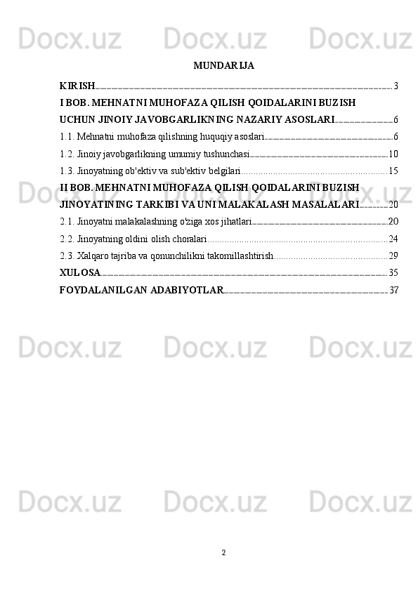 MUNDARIJA
KIRISH ........................................................................................................................................................................................ 3
I BOB. MEHNATNI MUHOFAZA QILISH QOIDALARINI BUZISH 
UCHUN JINOIY JAVOBGARLIKNING NAZARIY ASOSLARI .................................... 6
1.1. Mehnatni muhofaza qilishning huquqiy asoslari ............................................................................... 6
1.2. Jinoiy javobgarlikning umumiy tushunchasi ..................................................................................... 10
1.3. Jinoyatning ob'ektiv va sub'ektiv belgilari ........................................................... 15
II BOB. MEHNATNI MUHOFAZA QILISH QOIDALARINI BUZISH 
JINOYATINING TARKIBI VA UNI MALAKALASH MASALALARI ................. 20
2.1. Jinoyatni malakalashning o'ziga xos jihatlari .................................................................................... 20
2.2. Jinoyatning oldini olish choralari ......................................................................... 24
2.3. Xalqaro tajriba va qonunchilikni takomillashtirish .............................................. 29
XULOSA .................................................................................................................................................................................. 35
FOYDALANILGAN ADABIYOTLAR ...................................................................................................... 3 7
2 