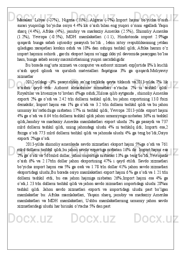 Masalan:   Libya   (-27%),   Nigeria   (11%),   Algeria   (-7%).Import   hajmi   bo’yicha   o’sish
surari yuqoriligi bo’yicha osiyo 4.4% lik o’sish bilan eng yuqori o’rinni egalladi.Yaqin
sharq   (4.4%),  Afrika   (4%),   janubiy   va   markaziy  Amerika   (2.5%),   Shimoliy  Amerika
(1.2%),   Yevropa   (-0.5%),   MDH   mamlakatlari   (-1.1),   Hindistonda   import   2.9%ga
qisqardi   bunga   sabab   iqtisodiy   pasayish   bo’ldi   ,   lekin   xitoy   respublikasining   jetdan
qiladigan   xarajatlari   keskin   oshdi   va   10%   dan   oshiqni   tashkil   qildi;  Afrika   hamm   o’z
import hajmini oshirdi , garchi eksport hajmi so’nggi ikki yil davomida pasaygan bo’lsa
ham, bunga sabab asosiy maxsulotlarining yuqori narxdaligidir. 
Bu borada sug’urta xizmati va computer va axborot xizmati exp[ortida 8% li kuchli
o’sish   qayd   qilindi   va   qurulish   materiallari   faqatgina   3%   ga   qisqardi.Moliyaviy
xizmatlar
2012-yildagi   -3%   pasayishdan   so’ng   tezlikda   qayta   tiklandi   va2013-yilda   7%   lik
o’sishni   qayd   etdi.   Axborot   almashinuv   xizmatlari   o’rtacha   2%   ni   tashkil   qildi.
Royaltilar va litsenziya to’lovlari 6%ga oshdi;Xulosa qilib aytganda , shimoliy Amerika
exporti  2%   ga  o’sdi  va   2.42  trln  dollarni   tashkil   qildi,  bu  jahon  exportining  13.0  foizi
demakdir;   Import   hajmi   esa   1%   ga   o’sdi   va   3.2   trln   dollarni   tashkil   qildi   va   bu   jahon
umumiy  ko’ratkichiga  nisbatan   17%  ni  tashkil   qildi;  Yevropa  2013-yilda   export  hajmi
4% ga o’sdi va 6.64 trln dollarni tashkil qildi.jahon umumiysiga nisbatan 36% ni tashkil
qildi;Janubiy   va   markaziy  Amerika   mamlakatlari   export   ulushi   2%   ga   pasaydi   va   737
mlrd   dollarni   tashkil   qildi,   uning   jahondagi   ulushi   4%   ni   tashkilq   ildi;   Importi   esa,2
foizga o’sdi 773 mlrd dollarni tashkil qildi va jahonda ulushi  4% ga teng bo’ldi;Osiyo
exporti 2%ga o’sdi.
2013-yilda shimoliy amerikada savdo xizmatlari eksport hajmi 5%ga o’sdi va 761
mlrd dollarni tashkil qildi,bu jahon savdo exportiga nisbatan 16% dir. Import hajmi esa
2% ga o’sdi va 561mlrd dollar, jahon importiga nisbatan 13% ga teng bo’ldi;Yevropada
o’sish   6%   va   2.17trln   dollar   jahon   eksportining   47%   i   qayd   etildi.   Savdo   xizmatlari
bo’yicha  import  hajmi  esa  5%  ga osdi  va 1.78 trln dollar  41%  jahon savdo xizmatlari
eksportidagi ulushi;Bu borada osiyo mamlakatlari export hajmi 6 % ga o’sdi va 1.21 trln
dollarni   tashkil   etdi,   bu   esa   jahon   hajmiga   nisbatan   26%;Import   hajmi   esa   4%   ga
o’sdi,1.23 trln dollarni tashkil qildi va jahon savdo xizmatlari importidagi ulushi 28%ni
tashkil   qildi.   Jahon   savdo   xizmatlari   exporti   va   importidagi   ulushi   past   bo’lgan
mamlakatlar   bu:   Afrika   mamlakatlari,   Yaqain   sharq,   janubiy   va   markaziy   Amerika
mamlakatlari   va   MDH   mamlakatlari;   Ushbu   mamlakatlarning   umumiy   jahon   savdo
xizmatlaridagi ulushi har biriniki o’rtacha 5% dan past. 