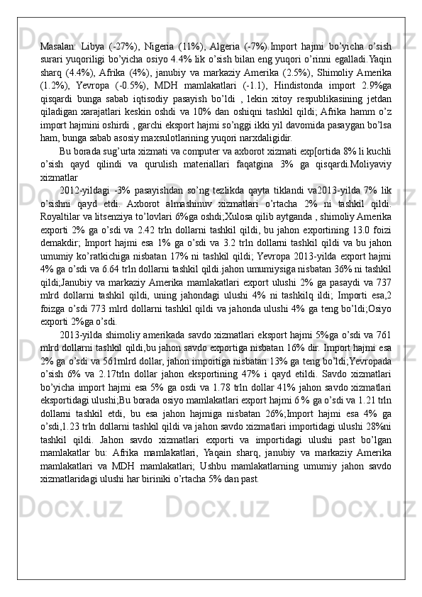Masalan:   Libya   (-27%),   Nigeria   (11%),   Algeria   (-7%).Import   hajmi   bo’yicha   o’sish
surari yuqoriligi bo’yicha osiyo 4.4% lik o’sish bilan eng yuqori o’rinni egalladi.Yaqin
sharq   (4.4%),  Afrika   (4%),   janubiy   va   markaziy  Amerika   (2.5%),   Shimoliy  Amerika
(1.2%),   Yevropa   (-0.5%),   MDH   mamlakatlari   (-1.1),   Hindistonda   import   2.9%ga
qisqardi   bunga   sabab   iqtisodiy   pasayish   bo’ldi   ,   lekin   xitoy   respublikasining   jetdan
qiladigan   xarajatlari   keskin   oshdi   va   10%   dan   oshiqni   tashkil   qildi;  Afrika   hamm   o’z
import hajmini oshirdi , garchi eksport hajmi so’nggi ikki yil davomida pasaygan bo’lsa
ham, bunga sabab asosiy maxsulotlarining yuqori narxdaligidir. 
Bu borada sug’urta xizmati va computer va axborot xizmati exp[ortida 8% li kuchli
o’sish   qayd   qilindi   va   qurulish   materiallari   faqatgina   3%   ga   qisqardi.Moliyaviy
xizmatlar
2012-yildagi   -3%   pasayishdan   so’ng   tezlikda   qayta   tiklandi   va2013-yilda   7%   lik
o’sishni   qayd   etdi.   Axborot   almashinuv   xizmatlari   o’rtacha   2%   ni   tashkil   qildi.
Royaltilar va litsenziya to’lovlari 6%ga oshdi;Xulosa qilib aytganda , shimoliy Amerika
exporti  2%   ga  o’sdi  va   2.42  trln  dollarni   tashkil   qildi,  bu  jahon  exportining  13.0  foizi
demakdir;   Import   hajmi   esa   1%   ga   o’sdi   va   3.2   trln   dollarni   tashkil   qildi   va   bu   jahon
umumiy  ko’ratkichiga  nisbatan   17%  ni  tashkil   qildi;  Yevropa  2013-yilda   export  hajmi
4% ga o’sdi va 6.64 trln dollarni tashkil qildi.jahon umumiysiga nisbatan 36% ni tashkil
qildi;Janubiy   va   markaziy  Amerika   mamlakatlari   export   ulushi   2%   ga   pasaydi   va   737
mlrd   dollarni   tashkil   qildi,   uning   jahondagi   ulushi   4%   ni   tashkilq   ildi;   Importi   esa,2
foizga o’sdi 773 mlrd dollarni tashkil qildi va jahonda ulushi  4% ga teng bo’ldi;Osiyo
exporti 2%ga o’sdi.
2013-yilda shimoliy amerikada savdo xizmatlari eksport hajmi 5%ga o’sdi va 761
mlrd dollarni tashkil qildi,bu jahon savdo exportiga nisbatan 16% dir. Import hajmi esa
2% ga o’sdi va 561mlrd dollar, jahon importiga nisbatan 13% ga teng bo’ldi;Yevropada
o’sish   6%   va   2.17trln   dollar   jahon   eksportining   47%   i   qayd   etildi.   Savdo   xizmatlari
bo’yicha  import  hajmi  esa  5%  ga osdi  va 1.78 trln dollar  41%  jahon savdo xizmatlari
eksportidagi ulushi;Bu borada osiyo mamlakatlari export hajmi 6 % ga o’sdi va 1.21 trln
dollarni   tashkil   etdi,   bu   esa   jahon   hajmiga   nisbatan   26%;Import   hajmi   esa   4%   ga
o’sdi,1.23 trln dollarni tashkil qildi va jahon savdo xizmatlari importidagi ulushi 28%ni
tashkil   qildi.   Jahon   savdo   xizmatlari   exporti   va   importidagi   ulushi   past   bo’lgan
mamlakatlar   bu:   Afrika   mamlakatlari,   Yaqain   sharq,   janubiy   va   markaziy   Amerika
mamlakatlari   va   MDH   mamlakatlari;   Ushbu   mamlakatlarning   umumiy   jahon   savdo
xizmatlaridagi ulushi har biriniki o’rtacha 5% dan past.
