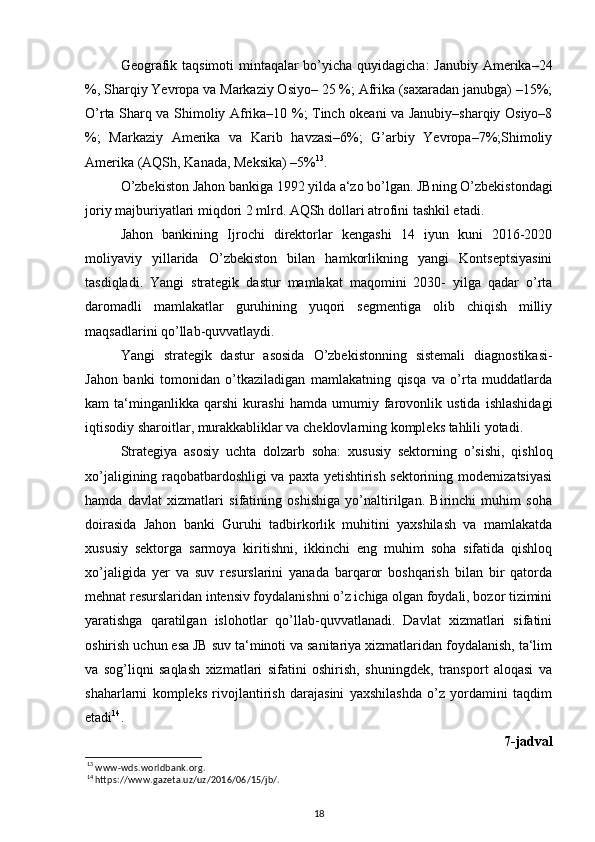 Geografik taqsimoti  mintaqalar  bo’yicha quyidagicha:  Janubiy Amerika–24
%, Sharqiy Yevropa va Markaziy Osiyo– 25 %; Afrika (saxaradan janubga) –15%;
O’rta Sharq va Shimoliy Afrika–10 %; Tinch okeani va Janubiy–sharqiy Osiyo–8
%;   Markaziy   Amerika   va   Karib   havzasi–6%;   G’arbiy   Yevropa–7%;Shimoliy
Amerika (AQSh, Kanada, Meksika) –5% 13
.   
O’zbekiston Jahon bankiga 1992 yilda a‘zo bo’lgan. JBning O’zbekistondagi
joriy majburiyatlari miqdori 2 mlrd. AQSh dollari atrofini tashkil etadi. 
Jahon   bankining   Ijrochi   direktorlar   kengashi   14   iyun   kuni   2016-2020
moliyaviy   yillarida   O’zbekiston   bilan   hamkorlikning   yangi   Kontseptsiyasini
tasdiqladi.   Yangi   strategik   dastur   mamlakat   maqomini   2030-   yilga   qadar   o’rta
daromadli   mamlakatlar   guruhining   yuqori   segmentiga   olib   chiqish   milliy
maqsadlarini qo’llab-quvvatlaydi. 
Yangi   strategik   dastur   asosida   O’zbekistonning   sistemali   diagnostikasi-
Jahon   banki   tomonidan   o’tkaziladigan   mamlakatning   qisqa   va   o’rta   muddatlarda
kam   ta‘minganlikka   qarshi   kurashi   hamda   umumiy   farovonlik   ustida   ishlashidagi
iqtisodiy sharoitlar, murakkabliklar va cheklovlarning kompleks tahlili yotadi. 
Strategiya   asosiy   uchta   dolzarb   soha:   xususiy   sektorning   o’sishi,   qishloq
xo’jaligining raqobatbardoshligi va paxta yetishtirish sektorining modernizatsiyasi
hamda   davlat   xizmatlari   sifatining   oshishiga   yo’naltirilgan.   Birinchi   muhim   soha
doirasida   Jahon   banki   Guruhi   tadbirkorlik   muhitini   yaxshilash   va   mamlakatda
xususiy   sektorga   sarmoya   kiritishni,   ikkinchi   eng   muhim   soha   sifatida   qishloq
xo’jaligida   yer   va   suv   resurslarini   yanada   barqaror   boshqarish   bilan   bir   qatorda
mehnat resurslaridan intensiv foydalanishni o’z ichiga olgan foydali, bozor tizimini
yaratishga   qaratilgan   islohotlar   qo’llab-quvvatlanadi.   Davlat   xizmatlari   sifatini
oshirish uchun esa JB suv ta‘minoti va sanitariya xizmatlaridan foydalanish, ta‘lim
va   sog’liqni   saqlash   xizmatlari   sifatini   oshirish,   shuningdek,   transport   aloqasi   va
shaharlarni   kompleks   rivojlantirish   darajasini   yaxshilashda   o’z   yordamini   taqdim
etadi 14
. 
7-jadval 
13
 www-wds.worldbank.org.  
14
 https://www.gazeta.uz/uz/2016/06/15/jb/. 
18 