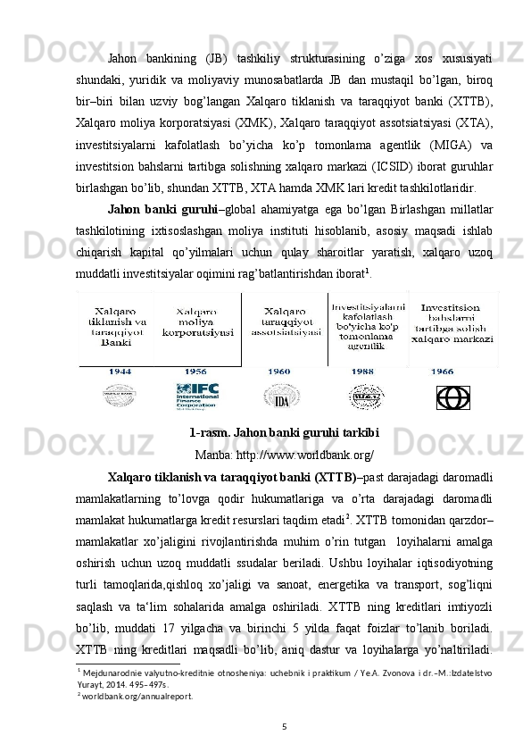 Jahon   bankining   (JB)   tashkiliy   strukturasining   o’ziga   xos   xususiyati
shundaki,   yuridik   va   moliyaviy   munosabatlarda   JB   dan   mustaqil   bo’lgan,   biroq
bir–biri   bilan   uzviy   bog’langan   Xalqaro   tiklanish   va   taraqqiyot   banki   (XTTB),
Xalqaro   moliya   korporatsiyasi   (XMK),   Xalqaro   taraqqiyot   assotsiatsiyasi   (XTA),
investitsiyalarni   kafolatlash   bo’yicha   ko’p   tomonlama   agentlik   (MIGA)   va
investitsion bahslarni tartibga solishning  xalqaro markazi (ICSID) iborat  guruhlar
birlashgan bo’lib, shundan XTTB, XTA hamda XMK lari kredit tashkilotlaridir. 
Jahon   banki   guruhi –global   ahamiyatga   ega   bo’lgan   Birlashgan   millatlar
tashkilotining   ixtisoslashgan   moliya   instituti   hisoblanib,   asosiy   maqsadi   ishlab
chiqarish   kapital   qo’yilmalari   uchun   qulay   sharoitlar   yaratish,   xalqaro   uzoq
muddatli investitsiyalar oqimini rag’batlantirishdan iborat 1
.   
1-rasm. Jahon banki guruhi tarkibi
Manba: http://www.worldbank.org/
Xalqaro tiklanish va taraqqiyot banki (XTTB) –past darajadagi daromadli
mamlakatlarning   to’lovga   qodir   hukumatlariga   va   o’rta   darajadagi   daromadli
mamlakat hukumatlarga kredit resurslari taqdim etadi 2
. XTTB tomonidan qarzdor–
mamlakatlar   xo’jaligini   rivojlantirishda   muhim   o’rin   tutgan     loyihalarni   amalga
oshirish   uchun   uzoq   muddatli   ssudalar   beriladi.   Ushbu   loyihalar   iqtisodiyotning
turli   tamoqlarida,qishloq   xo’jaligi   va   sanoat,   energetika   va   transport,   sog’liqni
saqlash   va   ta‘lim   sohalarida   amalga   oshiriladi.   XTTB   ning   kreditlari   imtiyozli
bo’lib,   muddati   17   yilgacha   va   birinchi   5   yilda   faqat   foizlar   to’lanib   boriladi.
XTTB   ning   kreditlari   maqsadli   bo’lib,   aniq   dastur   va   loyihalarga   yo’naltiriladi.
1
  Mejdunarodnie  valyutno-kreditnie otnosheniya:  uchebnik i praktikum /  Ye.A. Zvonova  i dr.–M.:Izdatelstvo
Yurayt, 2014.  495–497s.  
2
 worldbank.org/annualreport.  
5 
