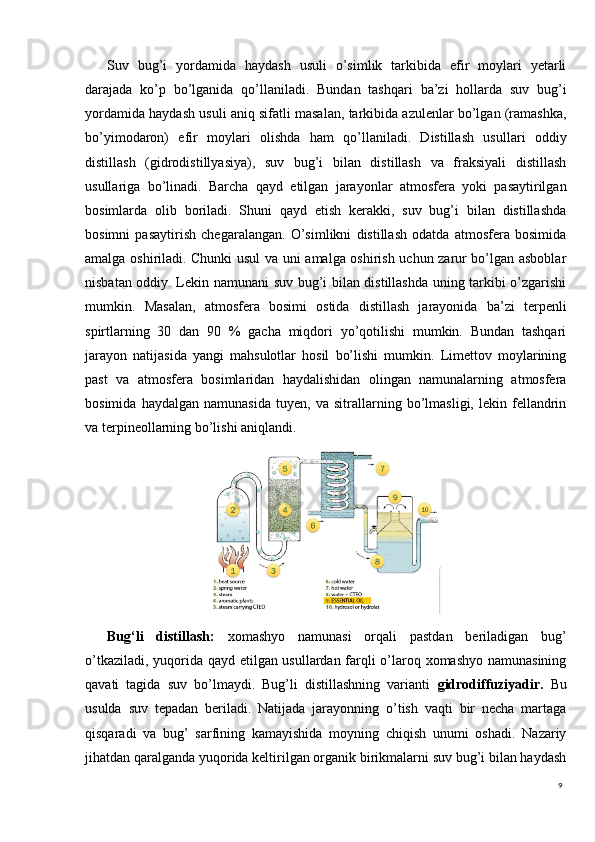 9Suv   bug’i   yordamida   haydash   usuli   o’simlik   tarkibida   efir   moylari   yetarli
darajada   ko’p   bo’lganida   qo’llaniladi.   Bundan   tashqari   ba’zi   hollarda   suv   bug’i
yordamida haydash usuli aniq sifatli masalan, tarkibida azulenlar bo’lgan (ramashka,
bo’yimodaron)   efir   moylari   olishda   ham   qo’llaniladi.   Distillash   usullari   oddiy
distillash   (gidrodistillyasiya),   suv   bug’i   bilan   distillash   va   fraksiyali   distillash
usullariga   bo’linadi.   Barcha   qayd   etilgan   jarayonlar   atmosfera   yoki   pasaytirilgan
bosimlarda   olib   boriladi.   Shuni   qayd   etish   kerakki,   suv   bug’i   bilan   distillashda
bosimni   pasaytirish   chegaralangan.   O’simlikni   distillash   odatda   atmosfera   bosimida
amalga oshiriladi. Chunki usul va uni amalga oshirish uchun zarur bo’lgan asboblar
nisbatan oddiy. Lekin namunani suv bug’i bilan distillashda uning tarkibi o’zgarishi
mumkin.   Masalan,   atmosfera   bosimi   ostida   distillash   jarayonida   ba’zi   terpenli
spirtlarning   30   dan   90   %   gacha   miqdori   yo’qotilishi   mumkin.   Bundan   tashqari
jarayon   natijasida   yangi   mahsulotlar   hosil   bo’lishi   mumkin.   Limettov   moylarining
past   va   atmosfera   bosimlaridan   haydalishidan   olingan   namunalarning   atmosfera
bosimida   haydalgan   namunasida   tuyen,   va   sitrallarning   bo’lmasligi,   lekin   fellandrin
va terpineollarning bo’lishi aniqlandi.
Bug‘li   distillash :   xomashyo   namunasi   orqali   pastdan   beriladigan   bug’
o’tkaziladi, yuqorida qayd etilgan usullardan farqli o’laroq xomashyo namunasining
qavati   tagida   suv   bo’lmaydi.   Bug’li   distillashning   varianti   gidrodiffuziyadir.   Bu
usulda   suv   tepadan   beriladi.   Natijada   jarayonning   o’tish   vaqti   bir   necha   martaga
qisqaradi   va   bug’   sarfining   kamayishida   moyning   chiqish   unumi   oshadi.   Nazariy
jihatdan qaralganda yuqorida keltirilgan organik birikmalarni suv bug’i bilan haydash 