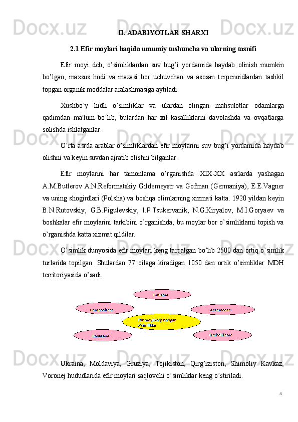 4II. ADABIYOTLAR SHARXI
2.1 Efir moylari haqida umumiy tushuncha va ularning tasnifi
Efir   moyi   d е b,   o’simliklardan   suv   bug’i   yordamida   haydab   olinish   mumkin
bo’lgan,   maxsus   hndi   va   mazasi   bor   uchuvchan   va   asosan   t е rp е noidlardan   tashkil
topgan organik moddalar aralashmasiga aytiladi.
Xushbo’y   hidli   o’simliklar   va   ulardan   olingan   mahsulotlar   odamlarga
qadimdan   ma'lum   bo’lib,   bulardan   har   xil   kasalliklarni   davolashda   va   ovqatlarga
solishda ishlatganlar.
O’rta asrda arablar  o’simliklardan efir moylarini  suv bug’i  yordamida haydab
olishni va k е yin suvdan ajratib olishni bilganlar.
Efir   moylarini   har   tamonlama   o’rganishda   XIX-XX   asrlarda   yashagan
A.M.Butl е rov   A.N.R е formatskiy   Gild е m е ystr   va   Gofman   (G е rmaniya),   Е . Е .Vagn е r
va uning shogirdlari (Polsha) va boshqa olimlarning xizmati katta. 1920 yildan k е yin
B.N.Rutovskiy,   G.B.Pigul е vskiy,   I.P.Tsuk е rvanik,   N.G.Kiryalov,   M.I.Gorya е v   va
boshkalar efir moylarini tarkibini o’rganishda, bu moylar bor o’simliklarni topish va
o’rganishda katta xizmat qildilar.
O’simlik dunyosida efir moylari k е ng ta rq algan bo’lib 2500 dan ortiq o’simlik
turlarida   topilgan.   Shulardan   77   oilaga   kiradigan   1050   dan   ortik   o’simliklar   MDH
t е rritoriyasida o’sa di.
Ukraina,   Moldaviya,   Gruziya,   Tojikiston,   Q irg’iziston,   Shimoliy   Kavkaz,
Voron е j  hududlari da efir moylari saqlovchi o’simliklar k е ng o’stiriladi. 