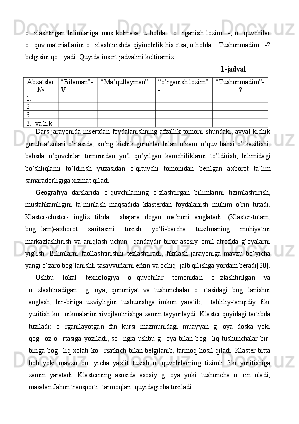 o zlashtirgan   bilimlariga   mos   kelmasa,   u   holda   o rganish   lozim -,   o quvchilar    
o quv materiallarini o zlashtirishda qiyinchilik his etsa, u holda  Tushunmadim -?
   
belgisini qo yadi. Quyida insert jadvalini keltiramiz.	

1-jadval
Abzatslar
№ “Bilaman”-
V “Ma’qullayman” + “o’rganish lozim”
- “Tushunmadim” -
?
1.
2
3
3. va h.k
Dars   jarayonida   insertdan   foydalanishning   afzallik   tomoni   shundaki ,   avval   kichik
guruh   a ’ zolari   o ’ rtasida ,   so ’ ng   kichik   guruhlar   bilan   o ’ zaro   o ’ quv   bahsi   o ’ tkazilishi ,
bahsda   o ’ quvchilar   tomonidan   yo ’ l   qo ’ yilgan   kamchiliklarni   to ’ ldirish ,   bilimidagi
bo ’ shliqlarni   to ’ ldirish   yuzasidan   o ’ qituvchi   tomonidan   berilgan   axborot   ta ’ lim
samaradorligiga   xizmat   qiladi .
Geografiya   darslarida   o ’ quvchilarning   o ’ zlashtirgan   bilimlarini   tizimlashtirish ,
mustahkamligini   ta ’ minlash   maqsadida   klasterdan   foydalanish   muhim   o ’ rin   tutadi .
Klaster - cluster -   ingliz   tilida     shajara   degan   ma ’ noni   anglatadi .   ( Klaster-tutam,
bog lam	
 )- axborot   xaritasini   tuzish   yо‘li-barcha   tuzilmaning   mohiyatini
markazlashtirish   va   aniqlash   uchun     qandaydir   biror   asosiy   omil   atrofida   g‘oyalarni
yig‘ish.   Bilimlarni   faollashtirishni   tezlashtiradi,   fikrlash   jarayoniga   mavzu   bо‘yicha
yangi о‘zaro bog‘lanishli tasavvurlarni erkin va ochiq    jalb qilishga yordam beradi [ 20 ] .
Ushbu   lokal   texnologiya   o quvchilar   tomonidan   o zlashtirilgan   va	
 
o zlashtiradigan     g oya,   qonuniyat   va   tushunchalar   o rtasidagi   bog lanishni	
   
anglash,   bir-biriga   uzviyligini   tushunishga   imkon   yaratib,     tahliliy-tanqidiy   fikr
yuritish ko nikmalarini rivojlantirishga zamin tayyorlaydi. Klaster quyidagi tartibda	

tuziladi:   o rganilayotgan   fan   kursi   mazmunidagi   muayyan   g oya   doska   yoki
 
qog oz  o rtasiga  yoziladi,  so ngra   ushbu  g oya  bilan  bog liq  tushunchalar  bir-	
    
biriga bog liq xolati ko rsatkich bilan belgilanib, tarmoq hosil qiladi. Klaster bitta	
 
bob   yoki   mavzu   bo yicha   yaxlit   tuzish   o quvchilarning   tizimli   fikr   yuritishiga	
 
zamin   yaratadi.   Klasterning   asosida   asosiy   g oya   yoki   tushuncha   o rin   oladi,	
 
masalan  Jahon transporti   tarmoqlari  quyidagicha tuziladi:   