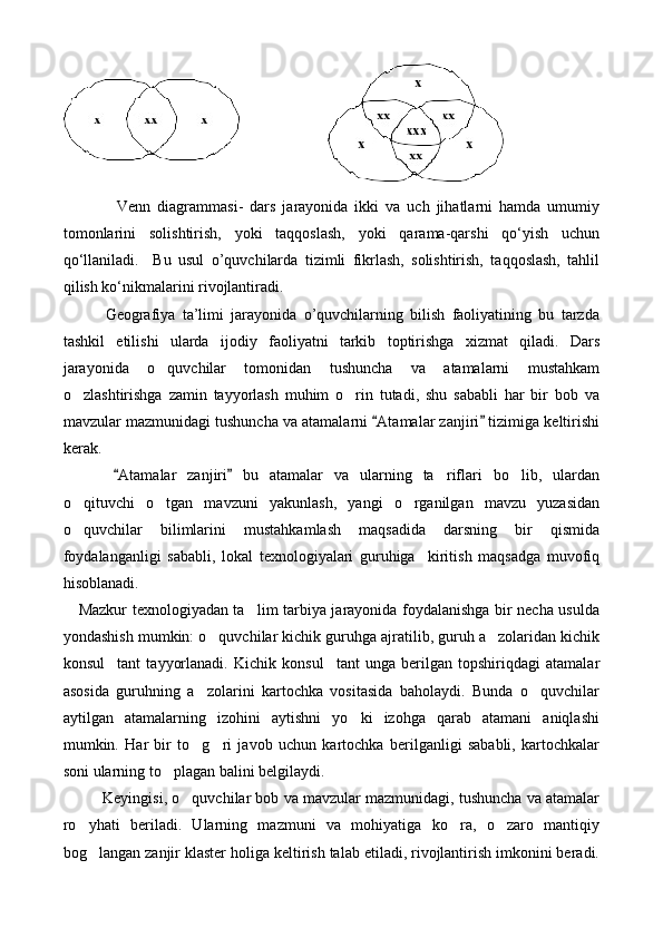                 Venn   diagrammasi-   dars   jarayonida   ikki   va   uch   jihatlarni   hamda   umumiy
tomonlarini   solishtirish,   yoki   taqqoslash,   yoki   qarama-qarshi   qо‘yish   uchun
qо‘llaniladi.     Bu   usul   o’quvchilarda   tizimli   fikrlash,   solishtirish,   taqqoslash,   tahlil
qilish kо‘nikmalarini rivojlantiradi.
            Geografiya   ta’limi   jarayonida   o’quvchilarning   bilish   faoliyatining   bu   tarzda
tashkil   etilishi   ularda   ijodiy   faoliyatni   tarkib   toptirishga   xizmat   qiladi.   Dars
jarayonida   o quvchilar   tomonidan   tushuncha   va   atamalarni   mustahkam
o zlashtirishga   zamin   tayyorlash   muhim   o rin   tutadi,   shu   sababli   har   bir   bob   va	
 
mavzular mazmunidagi tushuncha va atamalarni  Atamalar zanjiri  tizimiga keltirishi	
 
kerak.
  Atamalar   zanjiri   bu   atamalar   va   ularning   ta riflari   bo lib,   ulardan	
 	 
o qituvchi   o tgan   mavzuni   yakunlash,   yangi   o rganilgan   mavzu   yuzasidan	
  
o quvchilar   bilimlarini   mustahkamlash   maqsadida   darsning   bir   qismida

foydalanganligi   sababli,   lokal   texnologiyalari   guruhiga     kiritish   maqsadga   muvofiq
hisoblanadi.
     Mazkur texnologiyadan ta lim tarbiya jarayonida foydalanishga bir necha usulda	

yondashish mumkin: o quvchilar kichik guruhga ajratilib, guruh a zolaridan kichik	
 
konsul tant   tayyorlanadi.   Kichik   konsul tant   unga   berilgan   topshiriqdagi   atamalar	
 
asosida   guruhning   a zolarini   kartochka   vositasida   baholaydi.   Bunda   o quvchilar	
 
aytilgan   atamalarning   izohini   aytishni   yo ki   izohga   qarab   atamani   aniqlashi	

mumkin.   Har   bir   to g ri   javob   uchun   kartochka   berilganligi   sababli,   kartochkalar	
 
soni ularning to plagan balini belgilaydi.	

Keyingisi, o quvchilar bob va mavzular mazmunidagi, tushuncha va atamalar	

ro yhati   beriladi.   Ularning   mazmuni   va   mohiyatiga   ko ra,   o zaro   mantiqiy	
  
bog langan zanjir klaster holiga keltirish talab etiladi, rivojlantirish imkonini beradi.
 