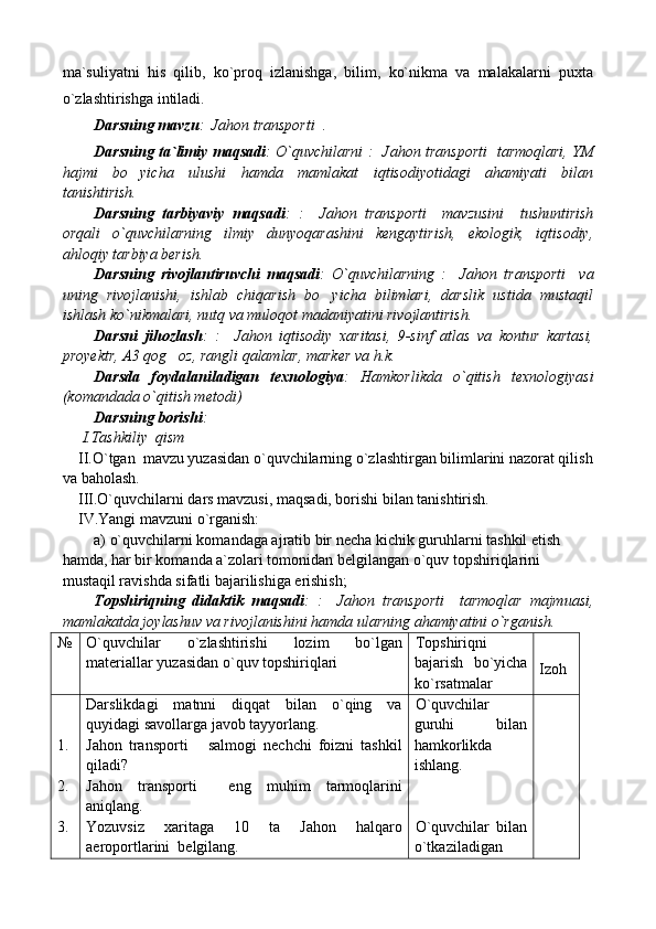 ma`suliyatni   his   qilib,   ko`proq   izlanishga,   bilim,   ko`nikma   va   malakalarni   puxta
o`zlashtirishga intiladi.   
Darsning mavzu :   Jahon transporti   .
Darsning ta`limiy maqsadi : O`quvchilarni :    Jahon transporti    tarmoqlari, YM
hajmi   bo yicha   ulushi   hamda   mamlakat   iqtisodiyotidagi   ahamiyati   bilan
tanishtirish.
Darsning   tarbiyaviy   maqsadi :   :     Jahon   transporti     mavzusini     tushuntirish
orqali   o`quvchilarning   ilmiy   dunyoqarashini   kengaytirish,   ekologik,   iqtisodiy,
ahloqiy tarbiya berish.
Darsning   rivojlantiruvchi   maqsadi :   O`quvchilarning   :     Jahon   transporti     va
uning   rivojlanishi,   ishlab   chiqarish   bo yicha   bilimlari,   darslik   ustida   mustaqil	

ishlash ko`nikmalari, nutq va muloqot madaniyatini rivojlantirish.
Darsni   jihozlash :   :     Jahon   iqtisodiy   xaritasi,   9-sinf   atlas   va   kontur   kartasi,
proyektr, A3 qog oz, rangli qalamlar, marker va h.k.	

Darsda   foydalaniladigan   texnologiya :   Hamkorlikda   o`qitish   texnologiya si
(komandada o`qitish metodi)
Darsning borishi :
 I.Tashkiliy  qism
II.O`tgan  mavzu yuzasidan o`quvchilarning o`zlashtirgan bilimlarini nazorat qilish
va baholash.
III.O`quvchilarni dars mavzusi, maqsadi, borishi bilan tanishtirish. 
IV.Yangi mavzuni o`rganish: 
a) o`quvchilarni komandaga ajratib bir necha kichik guruhlarni tashkil etish 
hamda, har bir komanda a`zolari tomonidan belgilangan o`quv topshiriqlarini 
mustaqil ravishda sifatli bajarilishiga erishish;
Topshiriqning   didaktik   maqsadi :   :     Jahon   transporti     tarmoqlar   majmuasi,
mamlakatda joylashuv va rivojlanishini hamda ularning ahamiyatini o`rganish.
№ O ` quvchilar   o ` zlashtirishi   lozim   bo ` lgan
materiallar   yuzasidan   o ` quv   topshiriqlari Topshiriqni
bajarish   bo ` yicha
ko ` rsatmalar Izoh
1.
2.
3. Darslikdagi   matnni   diqqat   bilan   o`qing   va
quyidagi savollarga javob tayyorlang.
Jahon   transporti       salmogi   nechchi   foizni   tashkil
qiladi?
Jahon   transporti     eng   muhim   tarmoqlarini
aniqlang.
Yozuvsiz   xaritaga   10   ta   Jahon   halqaro
aeroportlarini    belgilang. O`quvchilar
guruhi   bilan
hamkorlikda
ishlang.
O`quvchilar   bilan
o`tkaziladigan 