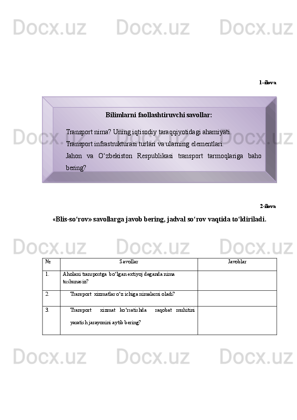 1–ilov а
  2 - ilova
« Blis-sо‘rov» sаvollаrgа jаvob bering, jаdvаl sо‘rov vаqtidа tо‘ldirilаdi.
№ Sаvollаr Jаvoblаr
1. Aholani   transportga   bо‘lgаn extiyoj degаndа nimа 
tushunаsiz?
2. Transport   xizmаtlаr о‘z ichigа nimаlаrni olаdi?
3. Transport     xizmаt   kо‘rsаtishdа     rаqobаt   muhitini
yarаtish jаrаyonini аytib bering ?Bilimlarni faollashtiruvchi savollar:
Transport  nima? Uning iqtisodiy taraqqiyotidagi ahamiyati.
Transport i nfrastrukturasi turlari va ularning elementlari.
Jahon  va  О ‘zbekiston  Respublikasi  transport  tarmoqlariga  baho 
bering?  