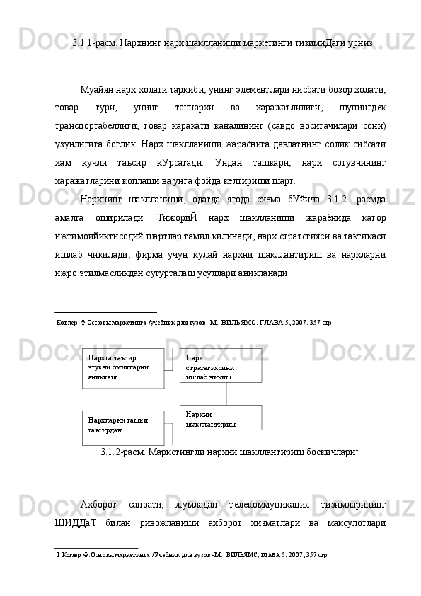 3.1.1-расм. Нархнинг нарх шаклланиши маркетинги тизимиДаги урниз
Муайян нарх холати таркиби, унинг элементлари нисбати бозор холати,
товар   тури,   унинг   таннархи   ва   харажатлилиги,   шунингдек
транспортабеллиги,   товар   каракати   каналининг   (савдо   воситачилари   сони)
узунлигига   боглик.   Нарх   шаклланиши   жараёнига   давлатнинг   солик   сиёсати
хам   кучли   таъсир   кУрсатади.   Ундан   ташкари,   нарх   сотувчининг
харажатларини коплаши ва унга фойда келтириши шарт.
Нархнинг   шаклланиши,   одатда   ягода   схема   бУйича   3.1.2-   расмда
амалга   оширилади.   ТижориЙ   нарх   шаклланиши   жараёнида   катор
ижтимоийиктисодий шартлар тамил килинади, нарх стратегияси ва тактикаси
ишлаб   чикилади,   фирма   учун   кулай   нархни   шакллантириш   ва   нархларни
ижро этилмасликдан сугурталаш усуллари аникланади.
Котлер Ф.Основы маркетинга /учебник для вузов.-М.: ВИЛЬЯМС, ГЛАВА 5, 2007, 357 стр
Нархга таъсир 
этувчи омилларни 
аниклаш
Нархларни ташки 
таъсирдан Нарх
стратегиясини
ишлаб чикиш
Нархни 
шакллантириш
3.1.2-расм. Маркетингли нархни шакллантириш боскичлари 1
Ахборот   саноати,   жумладан   телекоммуникация   тизимларининг
ШИДДаТ   билан   ривожланиши   ахборот   хизматлари   ва   максулотлари
1   Котлер  Ф.Основы маркетинга /Учебник для вузов.-М.:  ВИЛЬЯМС,  ГЛАВА  5, 2007, 357  стр. 