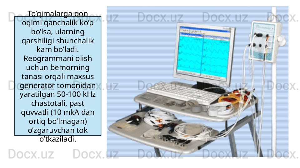 To’qimalarga qon 
oqimi qanchalik ko’p 
bo’lsa, ularning 
qarshiligi shunchalik 
kam bo’ladi. 
Reogrammani olish 
uchun bemorning 
tanasi orqali maxsus 
generator tomonidan 
yaratilgan 50-100 kHz 
chastotali, past 
quvvatli (10 mkA dan 
ortiq bo’lmagan) 
o’zgaruvchan tok 
o’tkaziladi. 