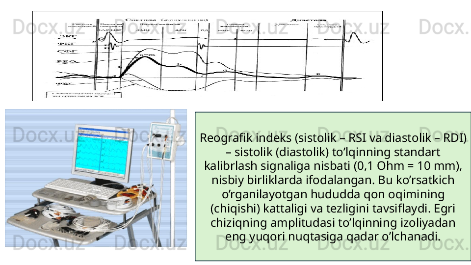 Reografik indeks (sistolik – RSI va diastolik – RDI) 
– sistolik (diastolik) to’lqinning standart 
kalibrlash signaliga nisbati (0,1 Ohm = 10 mm), 
nisbiy birliklarda ifodalangan. Bu ko’rsatkich 
o’rganilayotgan hududda qon oqimining 
(chiqishi) kattaligi va tezligini tavsiflaydi. Egri 
chiziqning amplitudasi to’lqinning izoliyadan 
eng yuqori nuqtasiga qadar o’lchanadi. 