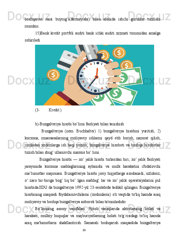 boshqaruvi   raisi   buyrug’i(farmoyishi)   bilan   alohida   ishchi   guruhlar   tuzilishi
mumkin.
15)Bank   kredit   portfeli   auditi   bank   ichki   auditi   xizmati   tomonidan   amalga
oshiriladi
(3- Kredit.)
b)-Buxgalteriya hisobi bo’limi faoliyati bilan tanishish
      Buxgalteriya   (nem.   Buchhalter)   1)   buxgalteriya   hisobini   yuritish;   2)
korxona,   muassasalarning   moliyaviy   ishlarini   qayd   etib   borish,   nazorat   qilish,
jumladan   xodimlarga   ish   haqi   yozish,   buxgalteriya   hisoboti   va   boshqa   hisobotlar
tuzish bilan shug’ ullanuvchi maxsus bo’ limi. 
      Buxgalteriya   hisobi   —  xo’   jalik   hisobi   turlaridan  biri;   xo’   jalik   faoliyati
jarayonida   korxona   mablaglarining   aylanishi   va   mulk   harakatini   ifodalovchi
ma’lumotlar   majmuasi.   Buxgalteriya   hisobi   joriy   hujjatlarga   asoslanadi,   uzluksiz,
o’   zaro   bir-biriga   bog’   liq   bo’   lgan   mablag’   lar   va   xo’   jalik   operatsiyalarini   pul
hisobidaJIDU da buxgalteriya 1992-yil 23-sentabrda tashkil qilingan. Buxgalteriya
hisobining maqsadi  foydalanuvchilarni  (xodimlarni)  o'z vaqtida to'liq hamda aniq
moliyaviy va boshqa buxgalteriya axboroti bilan ta'minlashdir.
Bo’limning   asosiy   vazifalari:   Hisob   varaqlarida   aktivlarning   holati   va
harakati,   mulkiy   huquqlar   va   majburiyatlarning   holati   to'g`risidagi   to'liq   hamda
aniq   ma'lumotlarni   shakllantirish.   Samarali   boshqarish   maqsadida   buxgalteriya
                                                                                 20