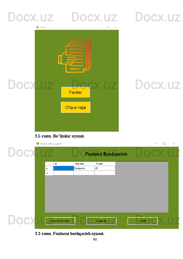 603.1-rasm. Bo’limlar oynasi.
3.2-rasm. Fanlarni boshqarish oynasi.