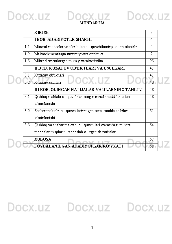 MUNDARIJA
KIRISH 3
I BOB. ADABIYOTLR SHARHI 4
1.1. Mineral moddalar va ular bilan o quvchilarning ta minlanishi  4
1.2. Makroelementlarga umumiy xarakteristika 9
1.3. Mikroelementlarga umumiy xarakteristika 23
II BOB. KUZATUV OB'EKTLARI VA USULLARI 41
2.1. Kuzatuv ob'ektlari 41
2.2. Kuzatuv usullari 43
III BOB. OLINGAN NATIJALAR VA ULARNING TAHLILI 48
3.1. Qishloq maktabi o quvchilarining mineral moddalar bilan 	

ta'minlanishi 48
3.2. Shahar maktabi o quvchilarining mineral moddalar bilan 

ta'minlanishi 51
3.3. Qishloq va shahar maktabi o quvchilari ovqatidagi mineral 	

moddalar miqdorini taqqoslab o rganish natijalari	
 54
XULOSA 57
FOYDALANILGAN ADABIYOTLAR RO'YXATI 58
2 