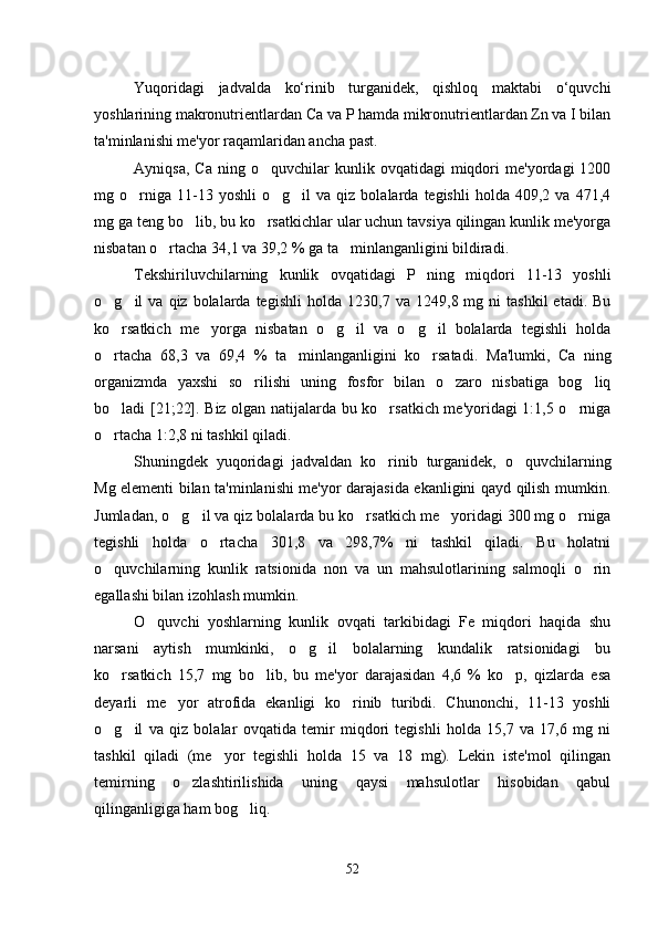 Yuqoridagi   jadvalda   ko‘rinib   turganidek,   qishloq   maktabi   o‘quvchi
yoshlarining makronutrientlardan Ca  va P hamda mikronutrientlardan Zn va I bilan
ta'minlanishi me'yor raqamlaridan ancha past.
Ayniqsa,   Ca   ning  o quvchilar   kunlik  ovqatidagi   miqdori   me'yordagi   1200
mg  o rniga  11-13  yoshli   o g il   va  qiz   bolalarda  tegishli   holda   409,2  va   471,4	
  
mg ga teng bo lib, bu ko rsatkichlar ular uchun tavsiya qilingan kunlik me'yorga	
 
nisbatan o rtacha 34,1 va 39,2 % ga ta minlanganligini bildiradi.	
 
Tekshiriluvchilarning   kunlik   ovqatidagi   P   ning   miqdori   11-13   yoshli
o g il   va  qiz  bolalarda  tegishli  holda  1	
  230 , 7   va  1 24 9, 8   mg  ni   tashkil  etadi.  Bu
ko rsatkich   me yorga   nisbatan   o g il   va   o g il   bolalarda   tegishli   holda
     
o rtacha   68,3   va   69,4   %   ta minlanganligini   ko rsatadi.  
   Ma'lumki,   Ca   ning
organizmda   yaxshi   so rilishi   uning   fosfor   bilan   o zaro   nisbatiga   bog liq	
  
bo ladi [21;22]. Biz olgan natijalarda bu ko rsatkich me'yoridagi 1:1,5 o rniga	
  
o rtacha 1:2,8 ni tashkil qiladi.

Shuningdek   yuqoridagi   jadvaldan   ko rinib   turganidek,   o quvchilarning	
 
Mg elementi bilan ta'minlanishi me'yor darajasida ekanligini qayd qilish mumkin.
Jumladan, o g il va qiz bolalarda bu ko rsatkich me yoridagi 300 mg o rniga	
    
tegishli   holda   o rtacha   301,8   va   298,7%   ni   tashkil   qiladi.   Bu   holatni	

o quvchilarning   kunlik   ratsionida   non   va   un   mahsulotlarining   salmoqli   o rin	
 
egallashi bilan izohlash mumkin.
O quvchi   yoshlarning   kunlik   ovqati   tarkibidagi   Fe   miqdori   haqida   shu	

narsani   aytish   mumkinki,   o g il   bolalarning   kundalik   ratsionidagi   bu	
 
ko rsatkich   15,7   mg   bo lib,   bu   me'yor   darajasidan   4,6   %   ko p,   qizlarda   esa	
  
deyarli   me yor   atrofida   ekanligi   ko rinib   turibdi.   Chunonchi,   11-13   yoshli	
 
o g il   va   qiz   bolalar   ovqatida   temir   miqdori   tegishli   holda   15,7   va   17,6   mg   ni	
 
tashkil   qiladi   (me yor   tegishli   holda   15   va   18   mg).   Lekin   iste'mol   qilingan	

temirning   o zlashtirilishida   uning   qaysi   mahsulotlar   hisobidan   qabul	

qilinganligiga ham bog liq.	

52 