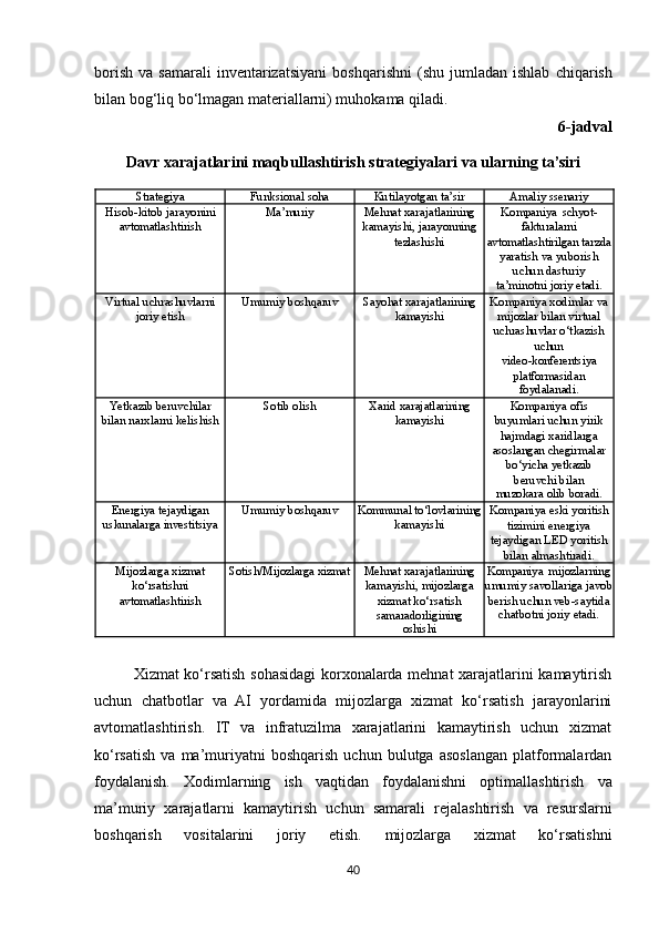 borish   va  samarali  inventarizatsiyani   boshqarishni   (shu   jumladan   ishlab   chiqarish
bilan   bog‘liq   bo‘lmagan materiallarni) muhokama qiladi.
6-jadval
Davr   xarajatlarini   maqbullashtirish   strategiyalari   va   ularning   ta’siri
Strategiya Funksional   soha Kutilayotgan   ta’sir Amaliy   ssenariy
Hisob-kitob   jarayonini
avtomatlashtirish Ma’muriy Mehnat xarajatlarining
kamayishi,   jarayonning
tezlashishi Kompaniya   schyot-
fakturalarni
avtomatlashtirilgan  tarzda
yaratish va yuborish
uchun   dasturiy
ta’minotni   joriy   etadi.
Virtual   uchrashuvlarni
joriy etish Umumiy   boshqaruv Sayohat   xarajatlarining
kamayishi Kompaniya   xodimlar   va
mijozlar bilan virtual
uchrashuvlar o‘tkazish
uchun
video-konferentsiya
platformasidan
foydalanadi.
Yetkazib beruvchilar
bilan   narxlarni   kelishish Sotib   olish Xarid   xarajatlarining
kamayishi Kompaniya ofis
buyumlari uchun yirik
hajmdagi xaridlarga
asoslangan  chegirmalar
bo‘yicha yetkazib
beruvchi   bilan
muzokara   olib   boradi.
Energiya   tejaydigan
uskunalarga investitsiya Umumiy   boshqaruv Kommunal  to‘lovlarining
kamayishi Kompaniya   eski   yoritish
tizimini energiya
tejaydigan LED yoritish
bilan almashtiradi.
Mijozlarga   xizmat
ko‘rsatishni
avtomatlashtirish Sotish/Mijozlarga xizmat Mehnat   xarajatlarining
kamayishi, mijozlarga
xizmat ko‘rsatish
samaradorligining
oshishi Kompaniya   mijozlarning
umumiy savollariga   javob
berish uchun veb-saytida
chatbotni   joriy   etadi.
Xizmat ko‘rsatish sohasidagi korxonalarda mehnat xarajatlarini kamaytirish
uchun   chatbotlar   va   AI   yordamida   mijozlarga   xizmat   ko‘rsatish   jarayonlarini
avtomatlashtirish.   IT   va   infratuzilma   xarajatlarini   kamaytirish   uchun   xizmat
ko‘rsatish   va   ma’muriyatni   boshqarish   uchun   bulutga   asoslangan   platformalardan
foydalanish.   Xodimlarning   ish   vaqtidan   foydalanishni   optimallashtirish   va
ma’muriy   xarajatlarni   kamaytirish   uchun   samarali   rejalashtirish   va   resurslarni
boshqarish   vositalarini   joriy   etish.   mijozlarga   xizmat   ko‘rsatishni
40 