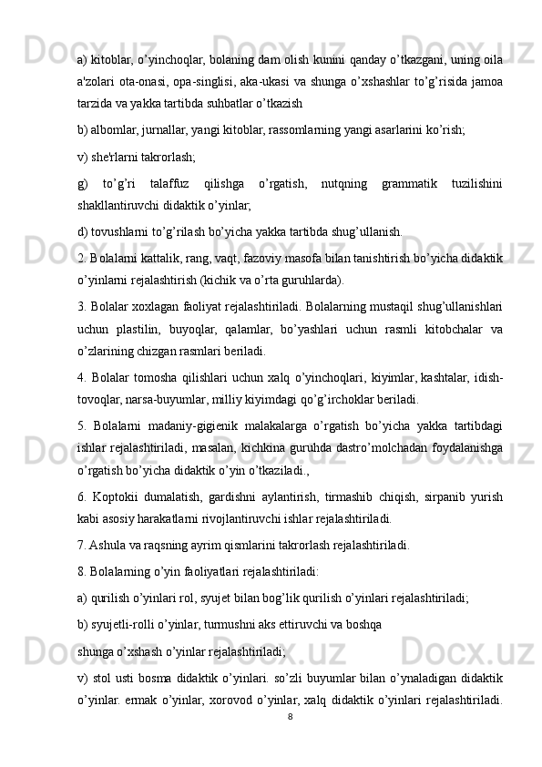 a) kitoblar, o’yinchoqlar, bolaning dam olish kunini qanday o’tkazgani, uning oila
a'zolari  ota-onasi,  opa-singlisi,  aka-ukasi  va  shunga  o’xshashlar   to’g’risida  jamoa
tarzida va yakka tartibda suhbatlar o’tkazish
b) albomlar, jurnallar, yangi kitoblar, rassomlarning yangi asarlarini ko’rish;
v) she'rlarni takrorlash;
g)   to’g’ri   talaffuz   qilishga   o’rgatish,   nutqning   grammatik   tuzilishini
shakllantiruvchi didaktik o’yinlar;
d) tovushlarni to’g’rilash bo’yicha yakka tartibda shug’ullanish.
2. Bolalarni kattalik, rang, vaqt, fazoviy masofa bilan tanishtirish bo’yicha didaktik
o’yinlarni rejalashtirish (kichik va o’rta guruhlarda).
3. Bolalar xoxlagan faoliyat rejalashtiriladi. Bolalarning mustaqil shug’ullanishlari
uchun   plastilin,   buyoqlar,   qalamlar,   bo’yashlari   uchun   rasmli   kitobchalar   va
o’zlarining chizgan rasmlari beriladi.
4.   Bolalar   tomosha   qilishlari   uchun   xalq   o’yinchoqlari,   kiyimlar,   kashtalar,   idish-
tovoqlar, narsa-buyumlar, milliy kiyimdagi qo’g’irchoklar beriladi.
5.   Bolalarni   madaniy-gigienik   malakalarga   o’rgatish   bo’yicha   yakka   tartibdagi
ishlar   rejalashtiriladi,  masalan,  kichkina   guruhda  dastro’molchadan  foydalanishga
o’rgatish bo’yicha didaktik o’yin o’tkaziladi.,
6.   Koptokii   dumalatish,   gardishni   aylantirish,   tirmashib   chiqish,   sirpanib   yurish
kabi asosiy harakatlarni rivojlantiruvchi ishlar rejalashtiriladi.
7. Ashula va raqsning ayrim qismlarini takrorlash rejalashtiriladi.
8. Bolalarning o’yin faoliyatlari rejalashtiriladi:
a) qurilish o’yinlari rol, syujet bilan bog’lik qurilish o’yinlari rejalashtiriladi;
b) syujetli-rolli o’yinlar, turmushni aks ettiruvchi va boshqa
shunga o’xshash o’yinlar rejalashtiriladi;
v)   stol   usti   bosma  didaktik o’yinlari.  so’zli  buyumlar  bilan  o’ynaladigan  didaktik
o’yinlar.   ermak   o’yinlar,   xorovod   o’yinlar,   xalq   didaktik   o’yinlari   rejalashtiriladi.
8 