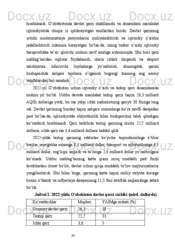 20hisoblanadi.   O‘zbekistonda   davlat   qarzi   shakllanishi   va   dinamikasi   mamlakat
iqtisodiyotida   chuqur   iz   qoldirayotgan   omillardan   biridir.   Davlat   qarzining
ortishi   modernizatsiya   jarayonlarini   moliyalashtirish   va   iqtisodiy   o‘sishni
jadallashtirish   imkonini   berayotgan   bo‘lsa-da,   uning   tezkor   o‘sishi   iqtisodiy
barqarorlikka   ta’sir   qiluvchi   muhim   xavf   omiliga   aylanmoqda.   Shu   bois   qarz
mablag‘laridan   oqilona   foydalanish,   ularni   ishlab   chiqarish   va   eksport
salohiyatini   oshiruvchi   loyihalarga   yo‘naltirish,   shuningdek,   qarzni
boshqarishda   xalqaro   tajribani   o‘rganish   bugungi   kunning   eng   asosiy
vazifalaridan biri sanaladi.
2022-yil   O‘zbekiston   uchun   iqtisodiy   o‘sish   va   tashqi   qarz   dinamikasida
muhim   yil   bo‘ldi.   Ushbu   davrda   mamlakat   tashqi   qarzi   hajmi   26,3   milliard
AQSh   dollariga   yetdi,   bu   esa   yalpi   ichki   mahsulotning   qariyb   38   foiziga   teng
edi. Davlat qarzining bunday hajmi xalqaro mezonlarga ko‘ra xavfli darajadan
past   bo‘lsa-da,   iqtisodiyotda   ehtiyotkorlik   bilan   boshqarishni   talab   qiladigan
ko‘rsatkich   hisoblanadi.   Qarz   tarkibida   tashqi   qarzning   ulushi   22,7   milliard
dollarni, ichki qarz esa 3,6 milliard dollarni tashkil qildi.
2022-yilda   tashqi   qarzning   sektorlar   bo‘yicha   taqsimlanishiga   e’tibor
berilsa, energetika sohasiga 8,1 milliard dollar, transport va infratuzilmaga 6,5
milliard dollar, sog‘liqni  saqlash  va ta’limga  2,4 milliard dollar  yo‘naltirilgani
ko‘rinadi.   Ushbu   mablag‘larning   katta   qismi   uzoq   muddatli   past   foizli
kreditlardan   iborat   bo‘lib,   davlat   uchun   qisqa   muddatli   to‘lov   majburiyatlarini
yengillashtirdi.   Shu   bilan   birga,   qarzning   katta   hajmi   milliy   valyuta   kursiga
bosim o‘tkazdi va inflyatsiya darajasining 11,5 foiz atrofida saqlanishiga sabab
bo‘ldi.
Jadval 1. 2022-yilda O‘zbekiston davlat qarzi tarkibi (mlrd. dollarda)
Ko‘rsatkichlar Miqdori YAIMga nisbati (%)
Umumiy davlat qarzi 26,3 38
Tashqi qarz 22,7 33
Ichki qarz 3,6 5 