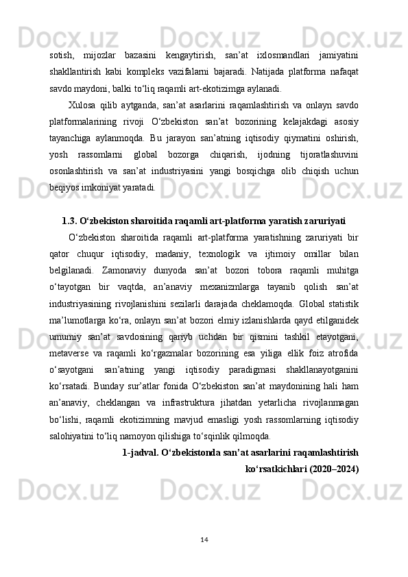 sotish,   mijozlar   bazasini   kengaytirish,   san’at   ixlosmandlari   jamiyatini
shakllantirish   kabi   kompleks   vazifalarni   bajaradi.   Natijada   platforma   nafaqat
savdo maydoni, balki to‘liq raqamli art-ekotizimga aylanadi.
Xulosa   qilib   aytganda,   san’at   asarlarini   raqamlashtirish   va   onlayn   savdo
platformalarining   rivoji   O‘zbekiston   san’at   bozorining   kelajakdagi   asosiy
tayanchiga   aylanmoqda.   Bu   jarayon   san’atning   iqtisodiy   qiymatini   oshirish,
yosh   rassomlarni   global   bozorga   chiqarish,   ijodning   tijoratlashuvini
osonlashtirish   va   san’at   industriyasini   yangi   bosqichga   olib   chiqish   uchun
beqiyos imkoniyat yaratadi.
1.3. O‘zbekiston sharoitida raqamli art-platforma yaratish zaruriyati
O‘zbekiston   sharoitida   raqamli   art-platforma   yaratishning   zaruriyati   bir
qator   chuqur   iqtisodiy,   madaniy,   texnologik   va   ijtimoiy   omillar   bilan
belgilanadi.   Zamonaviy   dunyoda   san’at   bozori   tobora   raqamli   muhitga
o‘tayotgan   bir   vaqtda,   an’anaviy   mexanizmlarga   tayanib   qolish   san’at
industriyasining   rivojlanishini   sezilarli   darajada   cheklamoqda.   Global   statistik
ma’lumotlarga ko‘ra, onlayn san’at bozori elmiy izlanishlarda qayd etilganidek
umumiy   san’at   savdosining   qariyb   uchdan   bir   qismini   tashkil   etayotgani,
metaverse   va   raqamli   ko‘rgazmalar   bozorining   esa   yiliga   ellik   foiz   atrofida
o‘sayotgani   san’atning   yangi   iqtisodiy   paradigmasi   shakllanayotganini
ko‘rsatadi.   Bunday   sur’atlar   fonida   O‘zbekiston   san’at   maydonining   hali   ham
an’anaviy,   cheklangan   va   infrastruktura   jihatdan   yetarlicha   rivojlanmagan
bo‘lishi,   raqamli   ekotizimning   mavjud   emasligi   yosh   rassomlarning   iqtisodiy
salohiyatini to‘liq namoyon qilishiga to‘sqinlik qilmoqda.
1-jadval. O‘zbekistonda san’at asarlarini raqamlashtirish
ko‘rsatkichlari (2020–2024)
14 