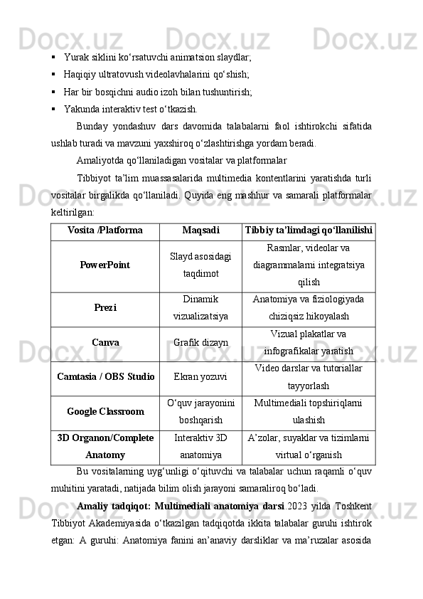  Yurak siklini ko‘rsatuvchi animatsion slaydlar;
 Haqiqiy ultratovush videolavhalarini qo‘shish;
 Har bir bosqichni audio izoh bilan tushuntirish;
 Yakunda interaktiv test o‘tkazish.
Bunday   yondashuv   dars   davomida   talabalarni   faol   ishtirokchi   sifatida
ushlab turadi va mavzuni yaxshiroq o‘zlashtirishga yordam beradi.
Amaliyotda qo‘llaniladigan vositalar va platformalar
Tibbiyot   ta’lim   muassasalarida   multimedia   kontentlarini   yaratishda   turli
vositalar birgalikda qo‘llaniladi. Quyida eng mashhur  va samarali  platformalar
keltirilgan:
Vosita /Platforma Maqsadi Tibbiy ta’limdagi qo‘llanilishi
PowerPoint Slayd asosidagi
taqdimot Rasmlar, videolar va
diagrammalarni integratsiya
qilish
Prezi Dinamik
vizualizatsiya Anatomiya va fiziologiyada
chiziqsiz hikoyalash
Canva Grafik dizayn Vizual plakatlar va
infografikalar yaratish
Camtasia / OBS Studio Ekran yozuvi Video darslar va tutoriallar
tayyorlash
Google Classroom O‘quv jarayonini
boshqarish Multimediali topshiriqlarni
ulashish
3D Organon/Complete
Anatomy Interaktiv 3D
anatomiya A’zolar, suyaklar va tizimlarni
virtual o‘rganish
Bu vositalarning uyg‘unligi o‘qituvchi va talabalar uchun raqamli o‘quv
muhitini yaratadi, natijada bilim olish jarayoni samaraliroq bo‘ladi.
Amaliy   tadqiqot:   Multimediali   anatomiya   darsi .2023   yilda   Toshkent
Tibbiyot  Akademiyasida  o‘tkazilgan tadqiqotda ikkita talabalar  guruhi  ishtirok
etgan:   A   guruhi:   Anatomiya   fanini   an’anaviy   darsliklar   va   ma’ruzalar   asosida 