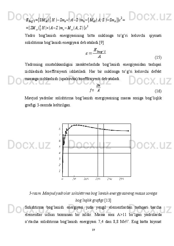 Ebog	'l=	{ZM	аt(1
1H	)−	Zm	e+(A−	Z)mn−	[M	аt(A,Z)−	Zm	e]}c2=	
=	[ZM	аt(1
1H	)+(A−	Z)mn−	M	аt(A,Z)]c2Yadro   bog‘lanish   energiyasining   bitta   nuklonga   to‘g‘ri   keluvchi   qiymati
solishtirma bog‘lanish energiyasi deb ataladi.[9]
ε=	
E	bog	'l	
A
                                              (15)
Yadroning   mustahkamligini   xarakterlashda   bog‘lanish   energiyasidan   tashqari
zichlashish   koeffitsiyenti   ishlatiladi.   Har   bir   nuklonga   to‘g‘ri   keluvchi   defekt
massaga zichlashish (upakovka) koeffitsiyenti deb ataladi.	
f=	
Δm
A
                                                    (16)
Mavjud   yadrolar   solishtirma   bo g‘ lanish   energiyasining   massa   soniga   bog‘li q lik
grafigi 3-rasmda keltirilgan.
3-rasm.  Mavjud yadrolar solishtirma bo g‘ lanish energiyasining massa soniga
bog‘li q lik grafigi  [13]
Solishtirma   bog‘lanish   energiyasi   juda   yengil   elementlardan   tashqari   barcha
elementlar   uchun   taxminan   bir   xildir.   Massa   soni   A>11   bo‘lgan   yadrolarda
o‘rtacha   solishtirma   bog‘lanish   energiyasi   7,4   dan   8,8   MeV.   Eng   katta   kiymat
19 