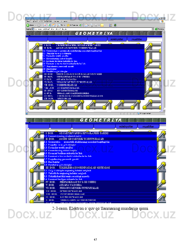 2-3-rasm. Elektron o`quv qo`llanmaning mundarija qismi.
47 