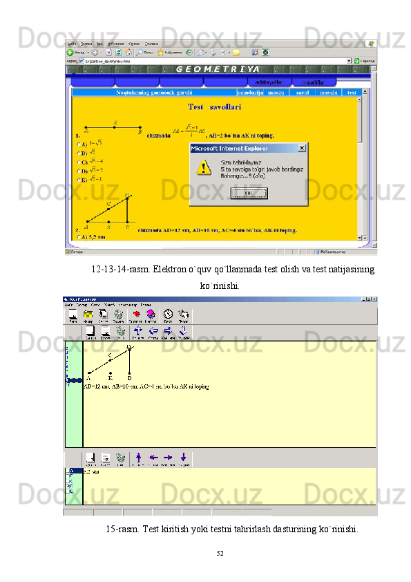 12-13-14-rasm. Elektron o`quv qo`llanmada test olish va test natijasining
ko`rinishi.
15-rasm. Test kiritish yoki testni tahrirlash dasturining ko`rinishi.
52 
