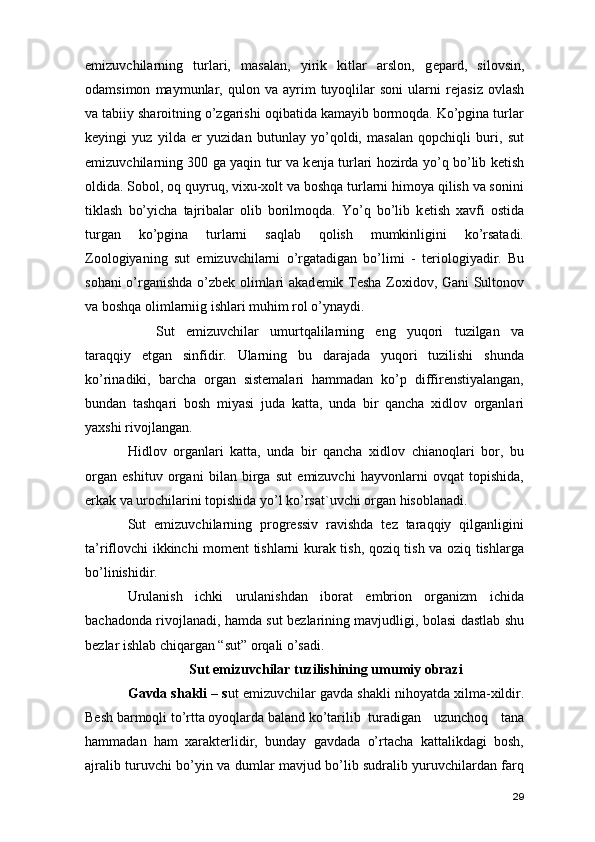 emizuvchilarning   turlari,   masalan,   yirik   kitlar   arslon,   g е pard,   silovsin,
odamsimon   maymunlar,   qulon  va   ayrim   tuyoqlilar   soni   ularni   r е jasiz   ovlash
va tabiiy sharoitning o’zgarishi oqibatida kamayib bormoqda. Ko’pgina turlar
k е yingi   yuz   yilda   е r   yuzidan   butunlay   yo’qoldi,   masalan   qopchiqli   buri,   sut
emizuvchilarning 300 ga yaqin tur va k е nja turlari hozirda yo’q bo’lib k е tish
oldida. Sobol, oq quyruq, vixu-xolt va boshqa turlarni himoya qilish va sonini
tiklash   bo’yicha   tajribalar   olib   borilmoqda.   Yo’q   bo’lib   k е tish   xavfi   ostida
turgan   ko’pgina   turlarni   saqlab   qolish   mumkinligini   ko’rsatadi.
Zoologiyaning   sut   emizuvchilarni   o’rgatadigan   bo’limi   -   t е riologiyadir.   Bu
sohani o’rganishda o’zb е k olimlari akad е mik T е sha Zoxidov, Gani Sultonov
va boshqa olimlarniig ishlari muhim rol o’ynaydi.
Sut   emizuvchilar   umurtqalilarning   eng   yuqori   tuzilgan   va
taraqqiy   etgan   sinfidir.   Ularning   bu   darajada   yuqori   tuzilishi   shunda
ko’rinadiki,   barcha   organ   sistemalari   hammadan   ko’p   diffirenstiyalangan,
bundan   tashqari   bosh   miyasi   juda   katta,   unda   bir   qancha   xidlov   organlari
yaxshi rivojlangan.
Hidlov   organlari   katta,   unda   bir   qancha   xidlov   chianoqlari   bor,   bu
organ   eshituv   organi   bilan   birga   sut   emizuvchi   hayvonlarni   ovqat   topishida,
erkak va urochilarini topishida yo’l ko’rsat`uvchi organ hisoblanadi. 
Sut   emizuvchilarning   progressiv   ravishda   tez   taraqqiy   qilganligini
ta’riflovchi ikkinchi moment tishlarni kurak tish, qoziq tish va oziq tishlarga
bo’linishidir. 
Urulanish   ichki   urulanishdan   iborat   embrion   organizm   ichida
bachadonda rivojlanadi, hamda sut bezlarining mavjudligi, bolasi dastlab shu
bezlar ishlab chiqargan “sut” orqali o’sadi.
Sut emizuvchilar tuzilishining umumiy obrazi
Gavda shakli – s ut emizuvchilar gavda shakli   nihoyatda xilma-xildir.
Besh barmoqli to’rtta oyoqlarda baland ko’tarilib turadigan   uzunchoq   tana
hammadan   ham   xarakterlidir,   bunday   gavdada   o’rtacha   kattalikdagi   bosh,
ajralib turuvchi bo’yin va dumlar mavjud bo’lib sudralib yuruvchilardan farq
29